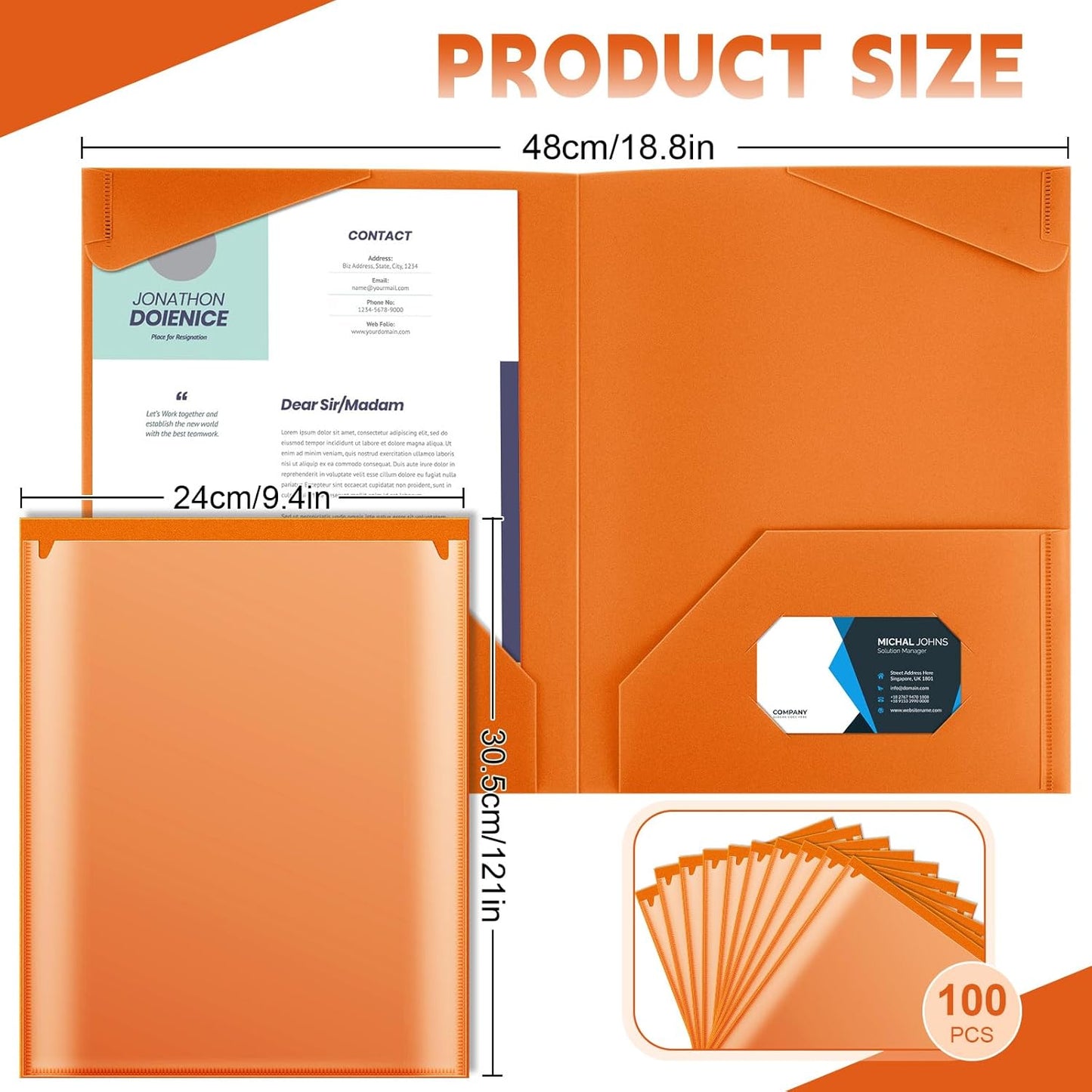 Henoyso 100 Pcs Plastic Folders with Clear Front Pockets Bulk Heavy Duty File Folders with 2 Pockets and Card Slot for Student Teacher Back to School Supplies Office Presentation (Orange)
