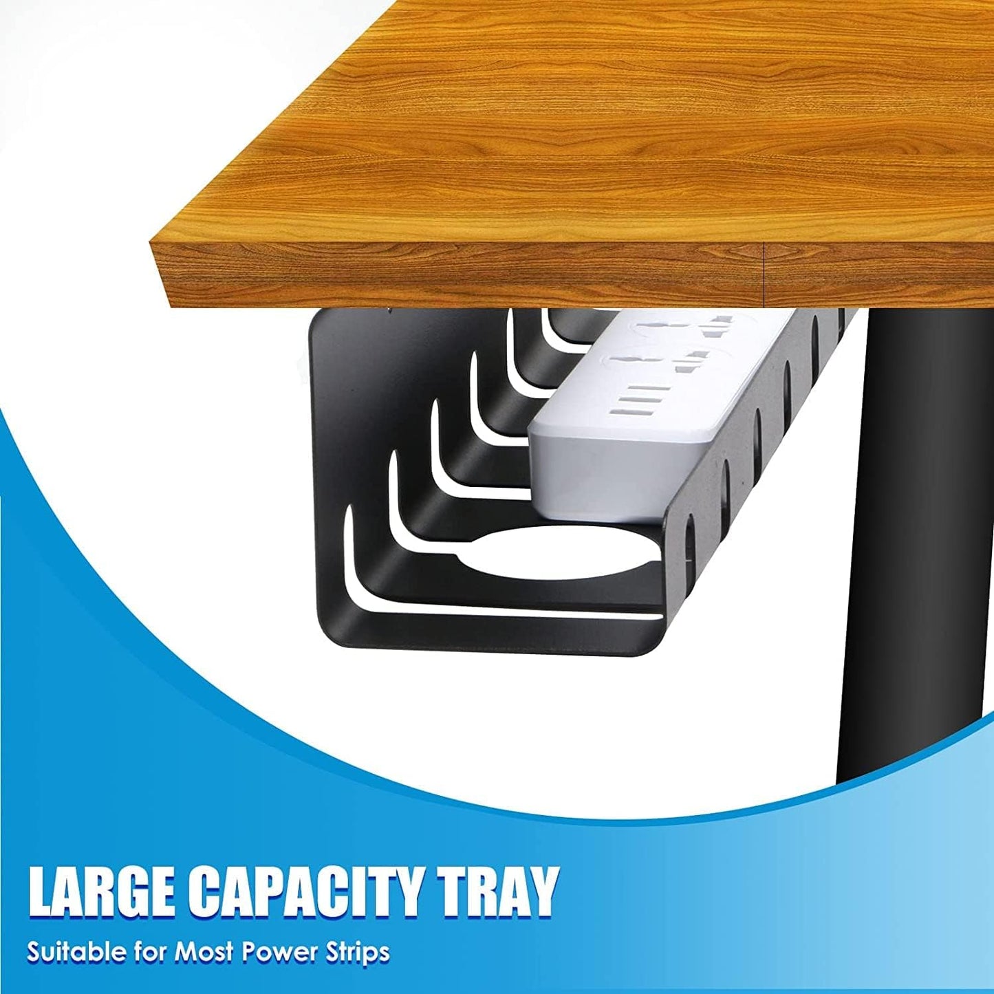 2 Pack Under Desk Cable Management Tray, 17" Wire Organizer for Power Strip, No Drill or Screw Mount, Easy Install Cord Raceway for Desk & Home, Black