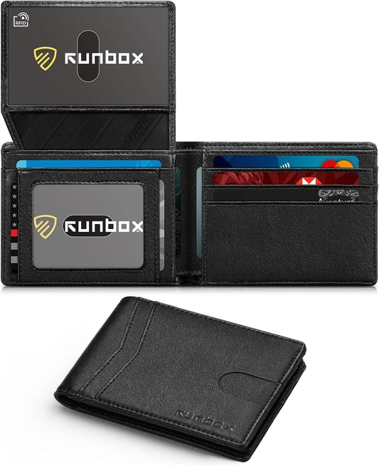 RUNBOX Wallet for Men Slim Rfid Leather 2 ID Window With Gift Box