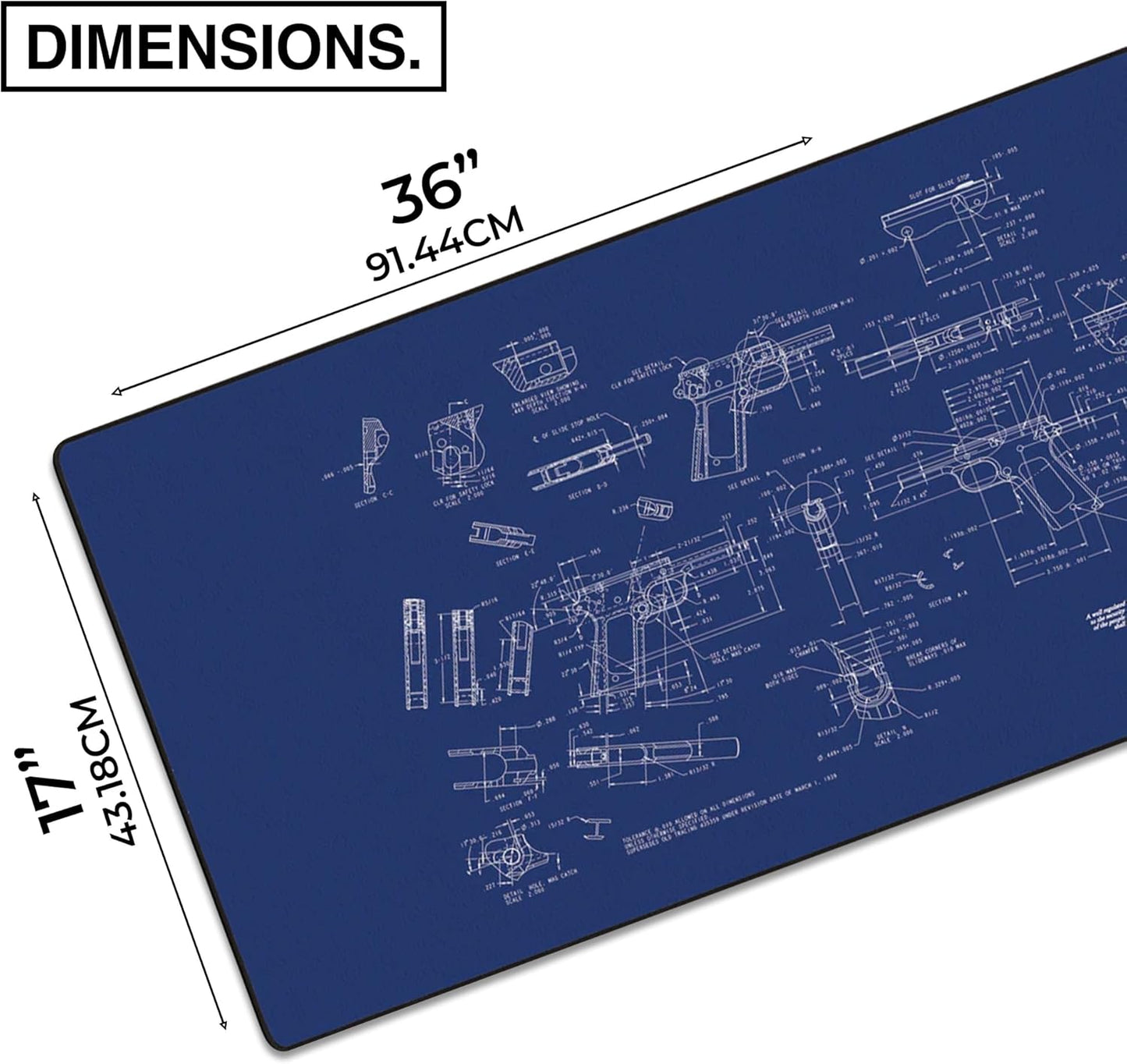 MPCO. Blueprints Large Gaming Desk Pad - 36" x 17" Aeroglyde Fabric Browning 1911 – Black Desk Mats - Non-Slip, Washable, Smooth Glide for Precision Gaming & Work