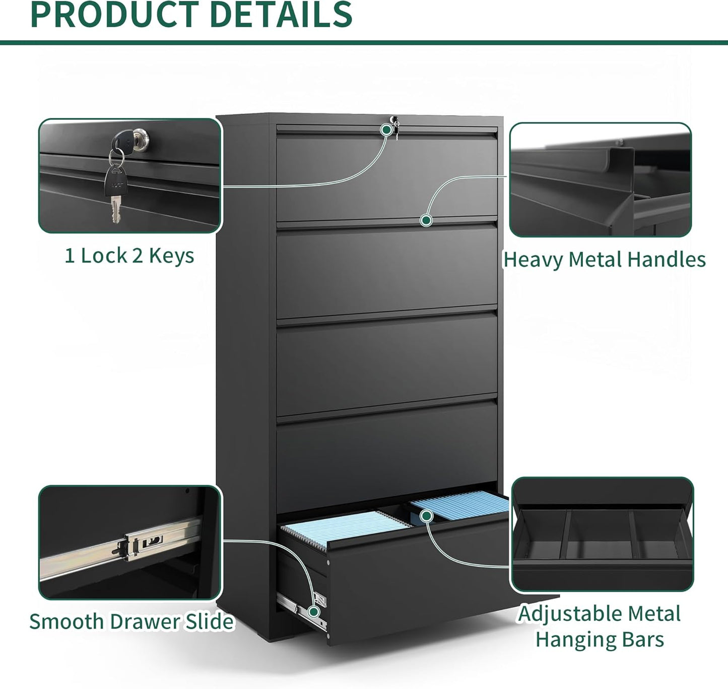 Lateral File Cabinet 5 Drawer, Metal File Cabinets for Home Office Legal/Letter A4 Size, Filing Cabinet with 5 Lock, Require Assembly, Black