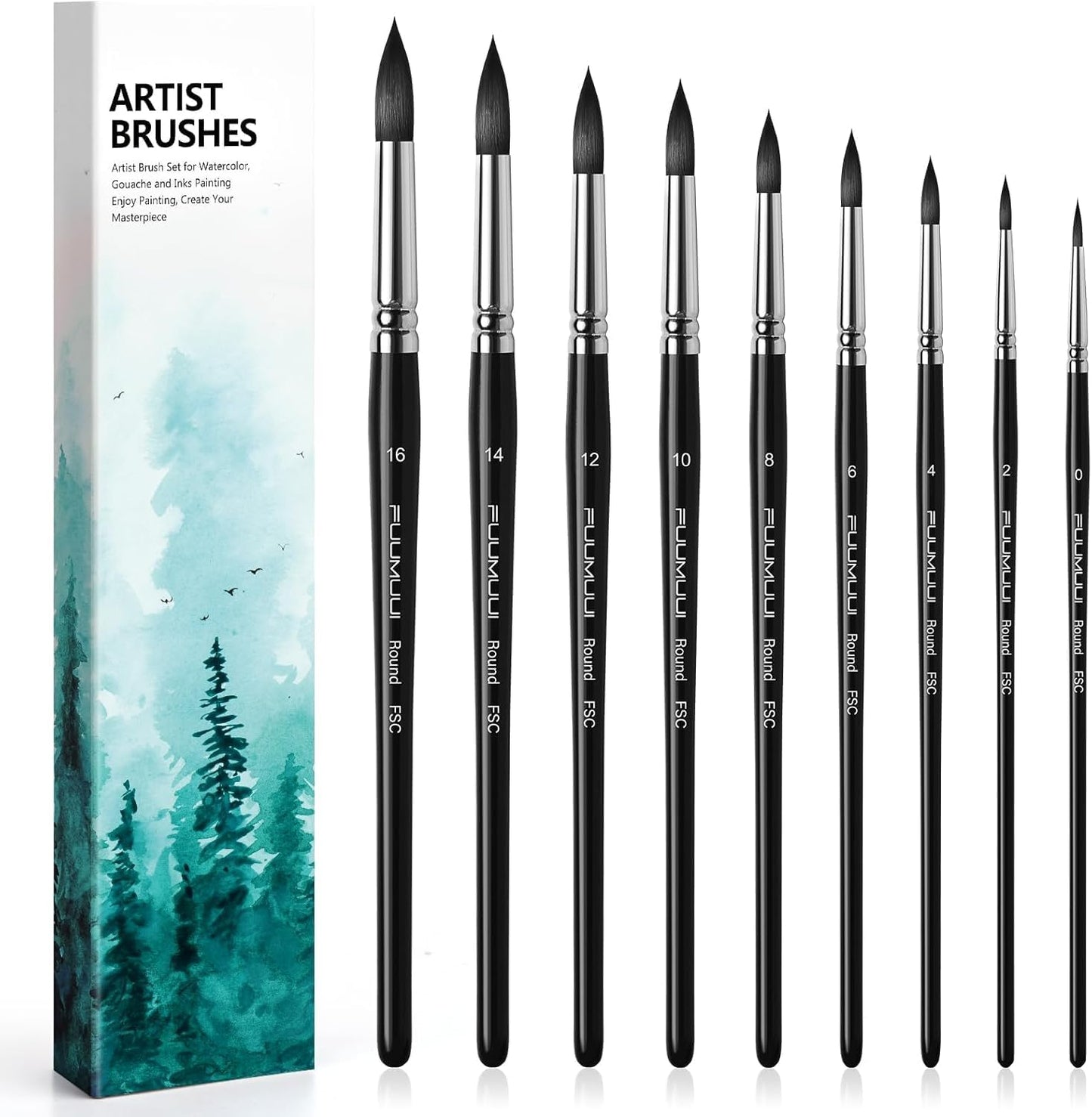 Watercolor Brushes Professional, Fuumuui 9Pcs Synthetic Squirrel Paint Brush Set for Adults Round Pointed Detail to Mop for Watercolor Gouache Acrylic Ink Painting