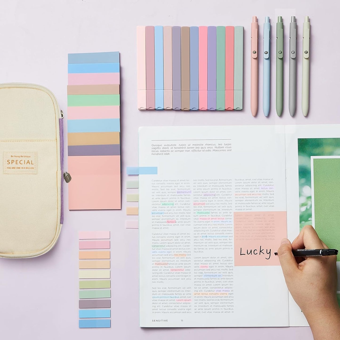 Jutom 39 Pcs Aesthetic Book Annotation Kit Highlighter with Pencil Case Bag Gel Pen Transparent Sticky Note Taking Bible Study College School Supplies(Purple,Cute Style)