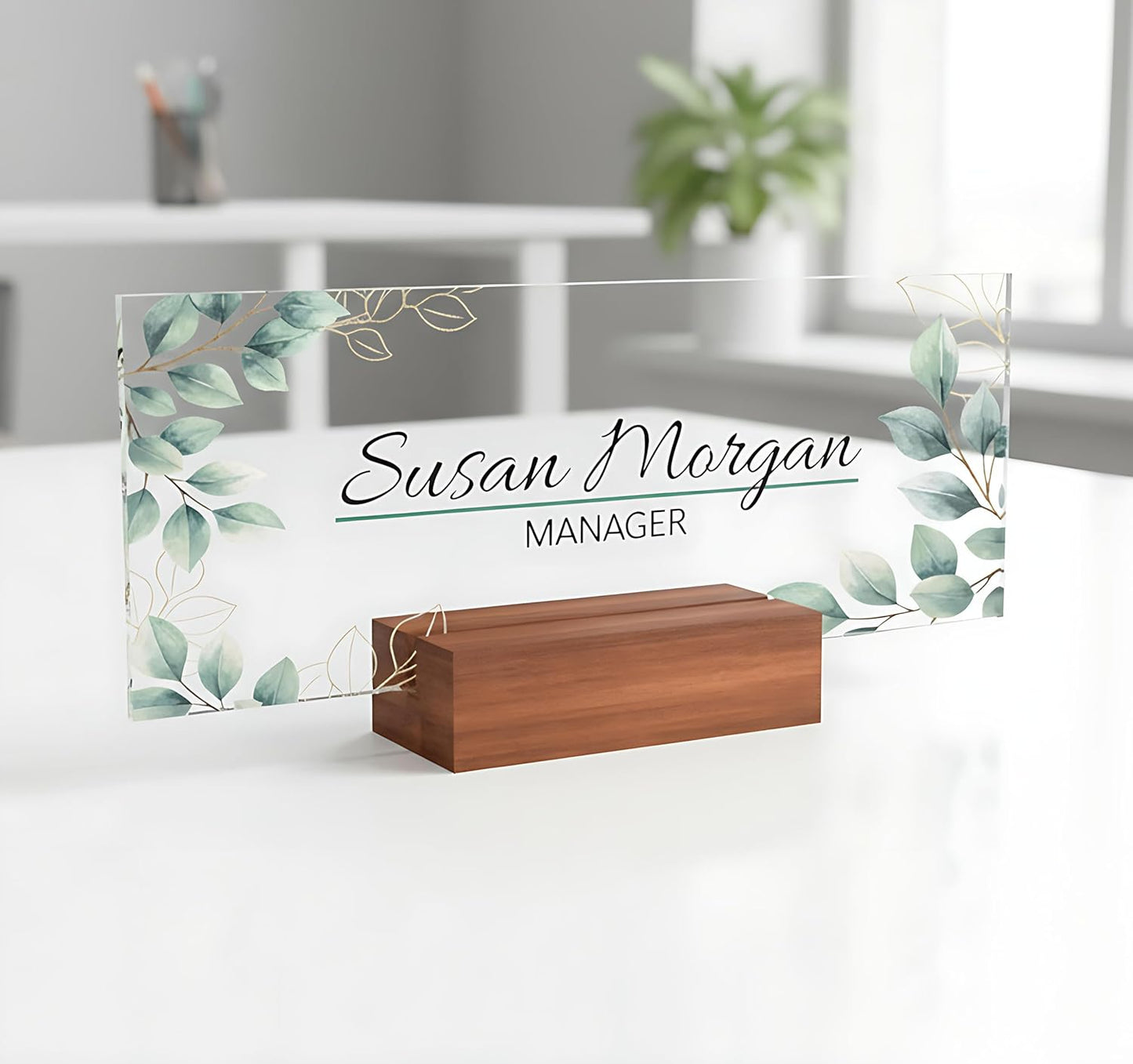 Personalized Name Plate for Nameplate Sign Modern Office Business Decor Executive Desk Name Plate Desk Name Sign Flower Floral green Leaves metallic foil (8"x3")