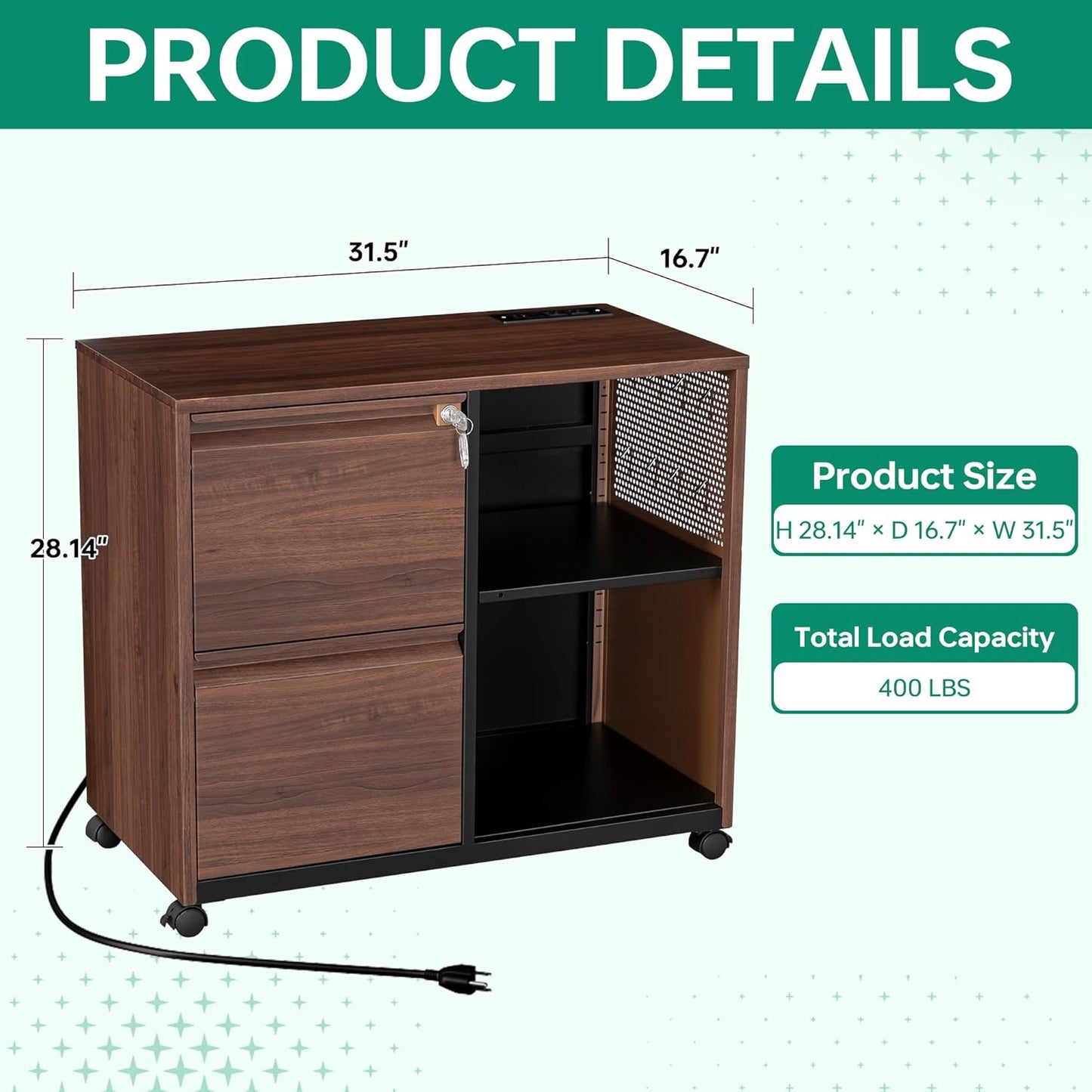 Letaya Mobile 2 Drawer File Cabinet with Lock, Metal Lateral Printer Stand Filing Storage Cabinets with Shelves for Home Office-A4/F4/Letter (Charging Socket)