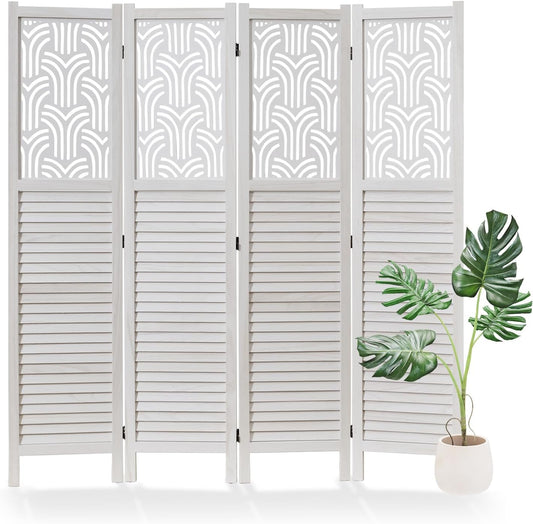 Folding Room Divider, 66.9 Inch 4 Panels Wood Carved Privacy Screens, Free Assembled Freestanding Portable Separation Wall for Home Office Restaurant Bedroom (White)