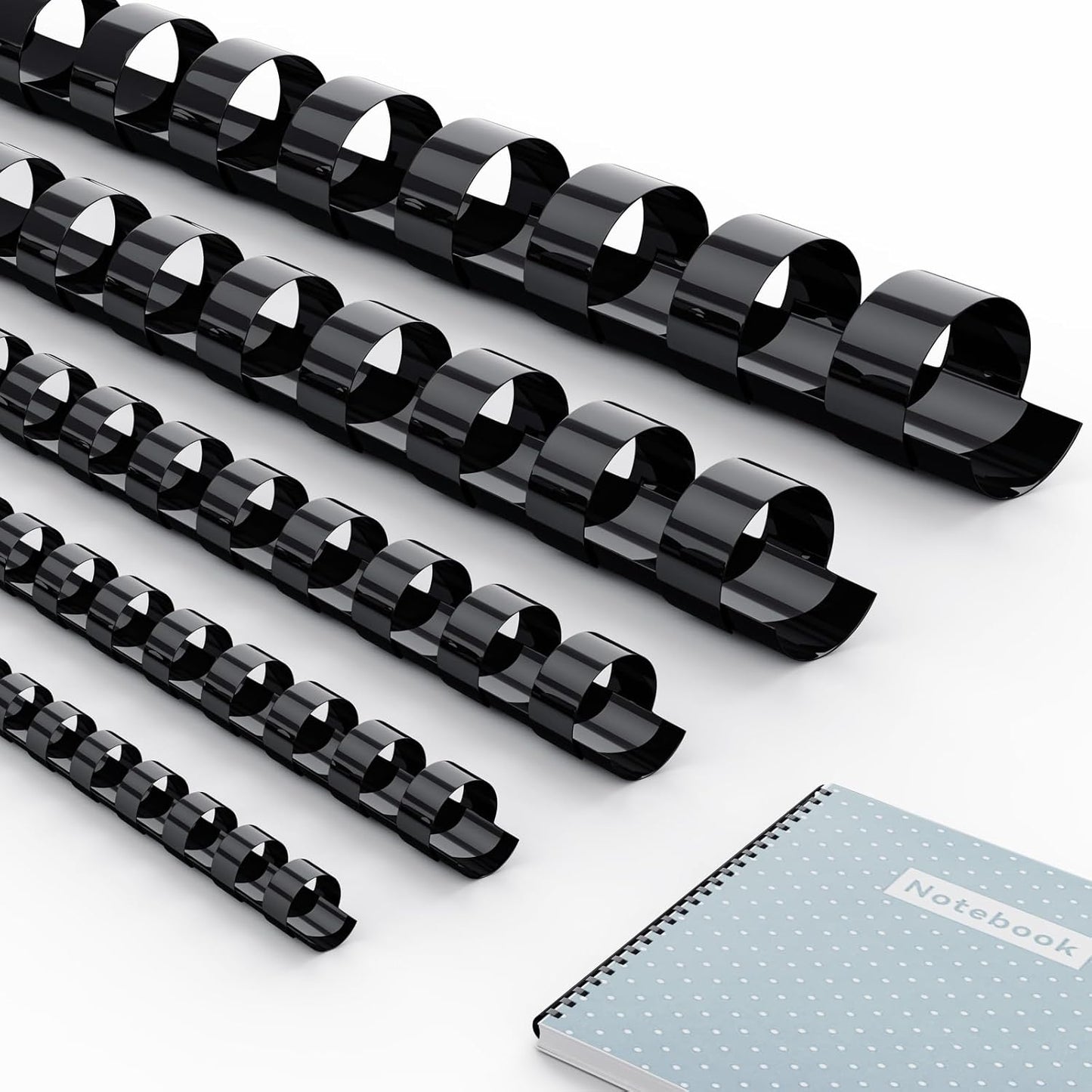 MAKEASY 150 Pack Multi-Size 19-Ring Comb Binding Spines for LTR, 1/4", 5/16", 3/8", 1/2", 5/8", 3/4", Pack of 150 Black