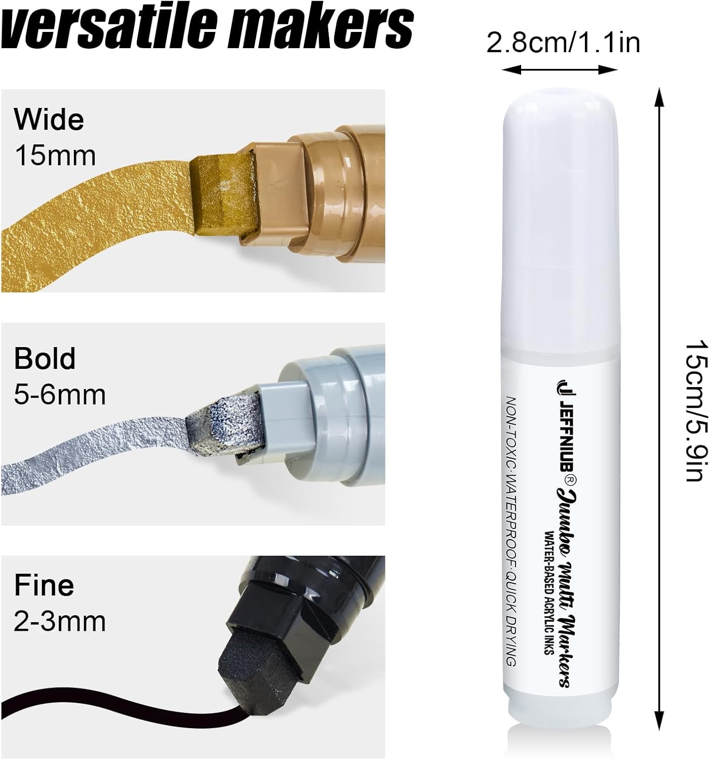 Paint Markers White/Black/Gold/Silver, 4Pcs Jumbo Acrylic Paint Markers Fat Wide Nibs 15mm, Acrylic Paint Pens for Stone, Metal, Wood, Glass, Canvas, Posters Supplies