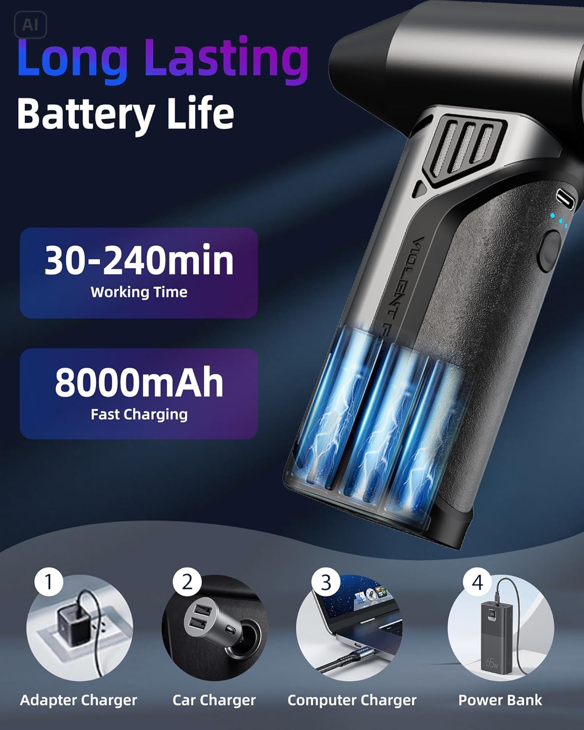 Electric Compressed Air Duster Rechargeable, 180,000RPM Cordless Computer Air Blower Duster for Pc & Electronics, 3-Gear Mini Air Blower Jet Turbo Fan for Car, Home, Office, Keyboard, Outdoor