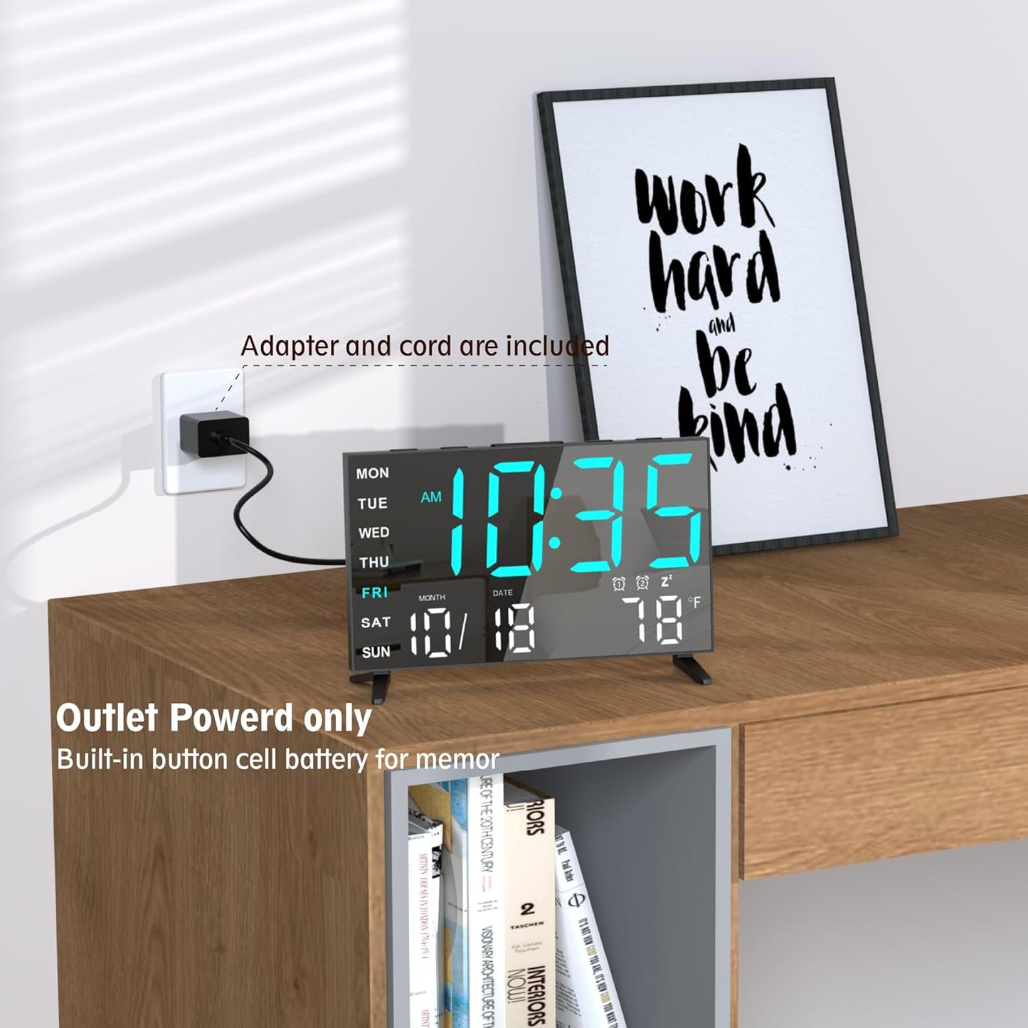 Mirror Digital Loud Alarm Clock,Indoor Temperature,USB Charging Port,Dimmer,Dual Alarms,Adjustable Volum,12/24H,Snooze,Perfect for Bedroom and Living Room (Black+Ice Blue Digit)
