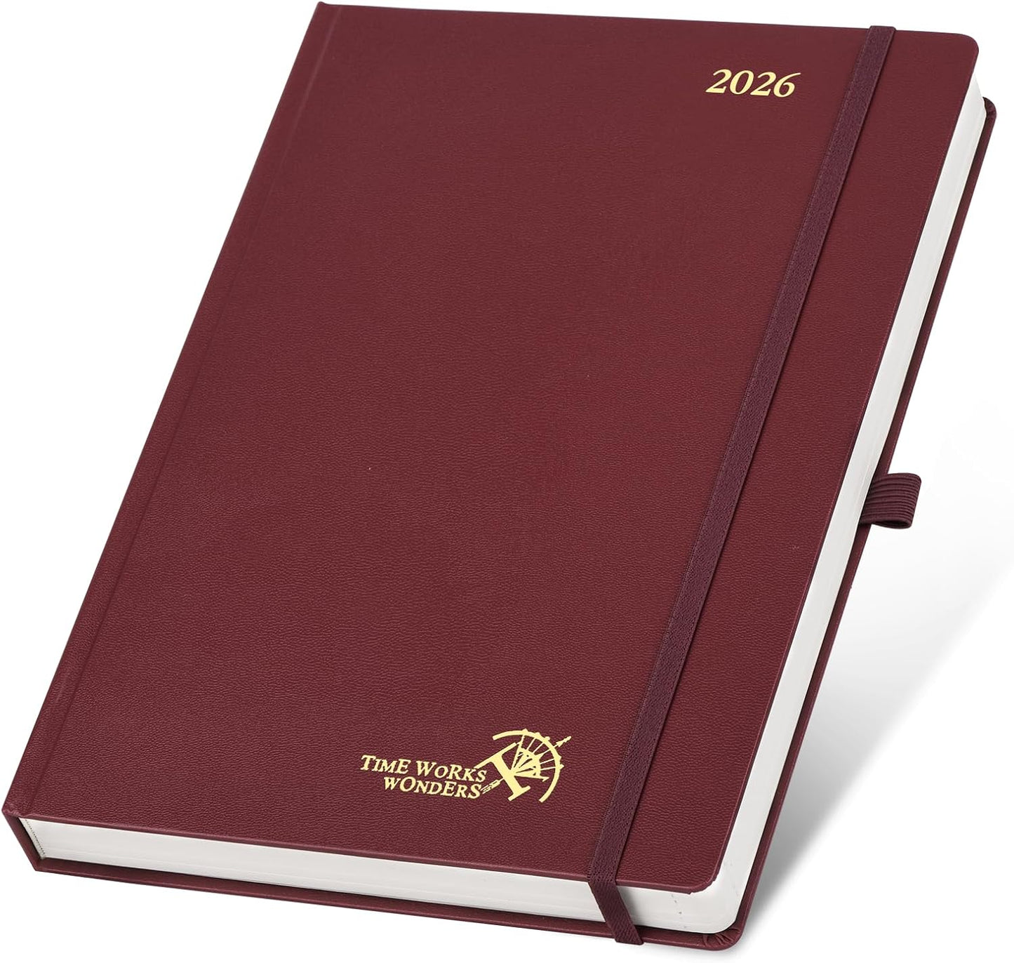 POPRUN 2026 Daily Planner One Page Per Day Even Weekends A4 Large Size (8.5" x 12") - 12 Months Calendar Hourly Appointment Book with Inner Pocket, Pen Holder, Hardcover - Burgundy