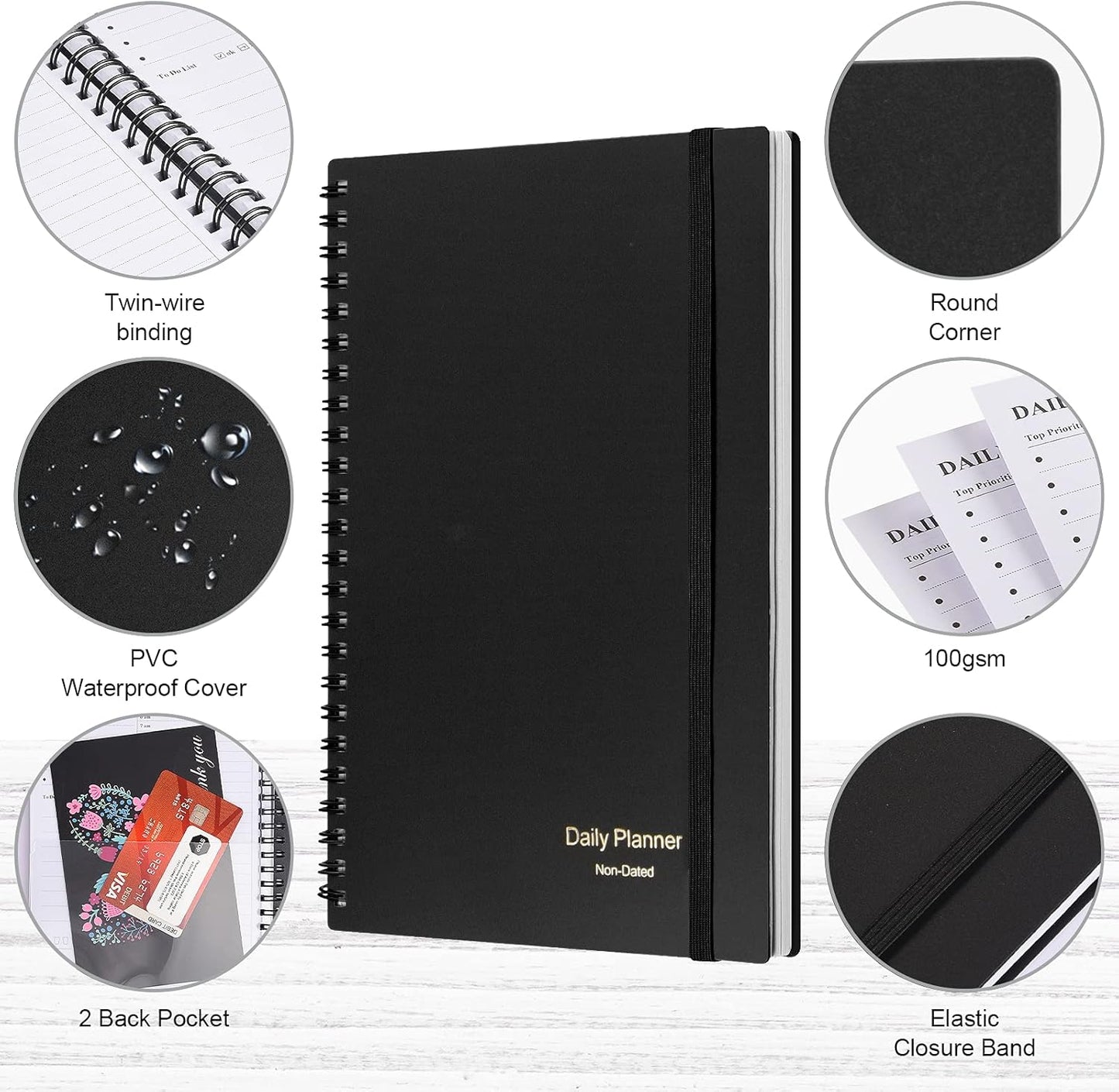 Daily Planner Undated, Asten To Do List Notebook Hourly Schedules Spiral Appointment Planner for Men and Women,PVC Hardcover,Elastic Closure, Inner Pocket 8.3" x 5.8" (Black)