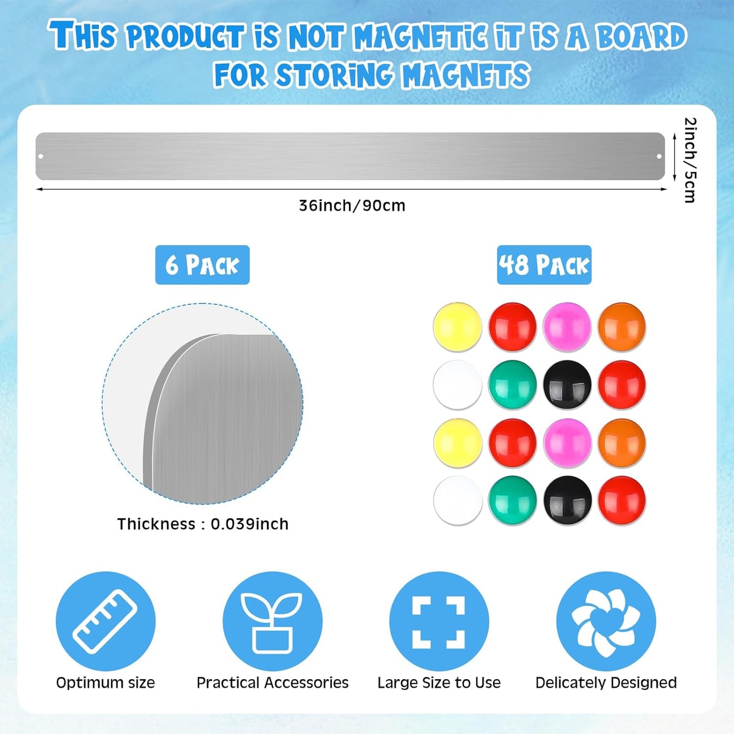 6 Pieces 36 Inch Frameless Magnetic Stainless Iron Board Strips Bulletin Bar Magnetic Wall Board Memo Strip Set with 48 Pieces Colorful Magnets for School Office Home