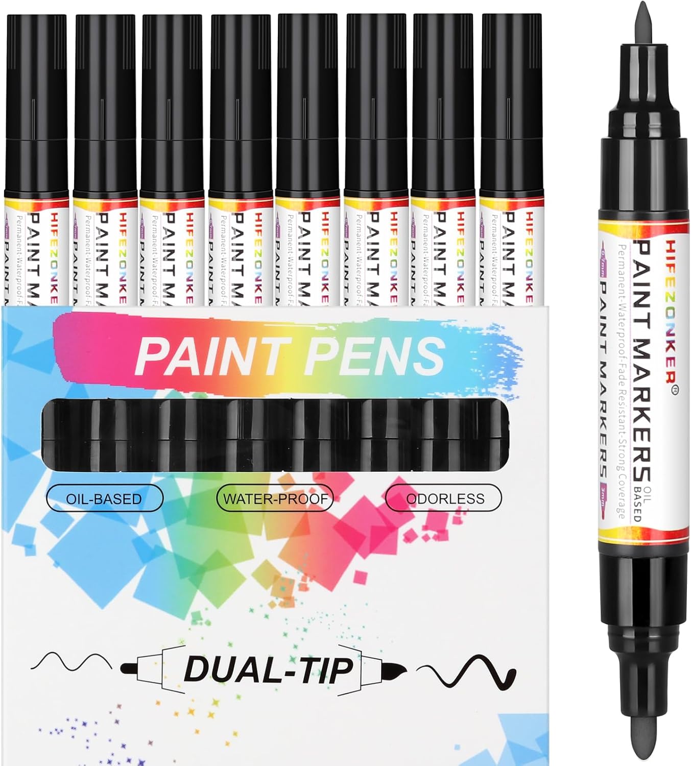 Black Paint Pen Paint Marker - 8 Pack Dual Tip Oil Based Permanent Markers, Extra Fine Tip & Medium Fine Tip (0.7mm & 3mm), Quick Drying, Waterproof, Marker Pen for Fabric (8 Black)