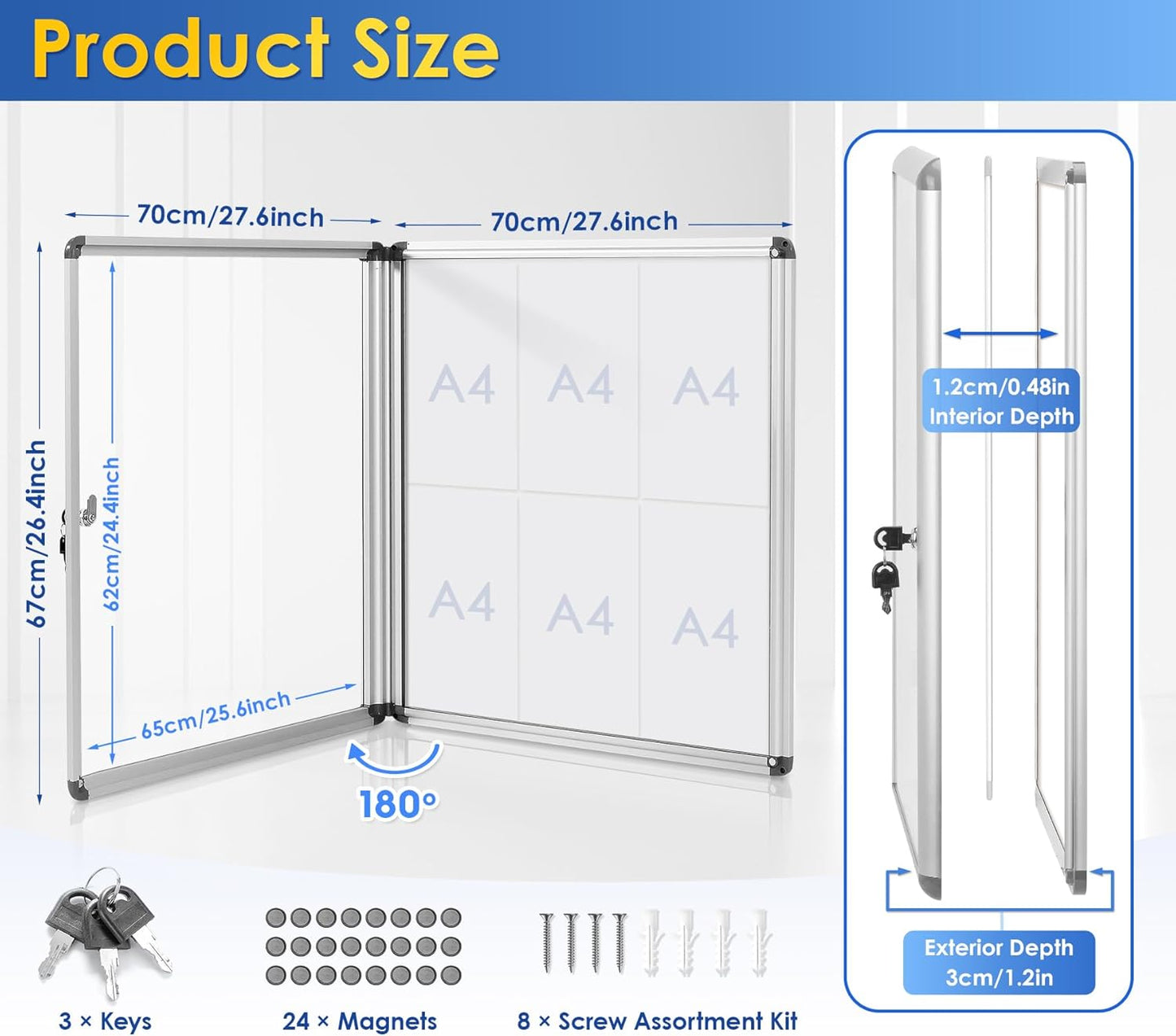 SWANCROWN Lockable Noticeboard White Bulletin Boards Magnetic Wall Mount Message Board with Glass Door and Keys 28x26inch(6xA4)