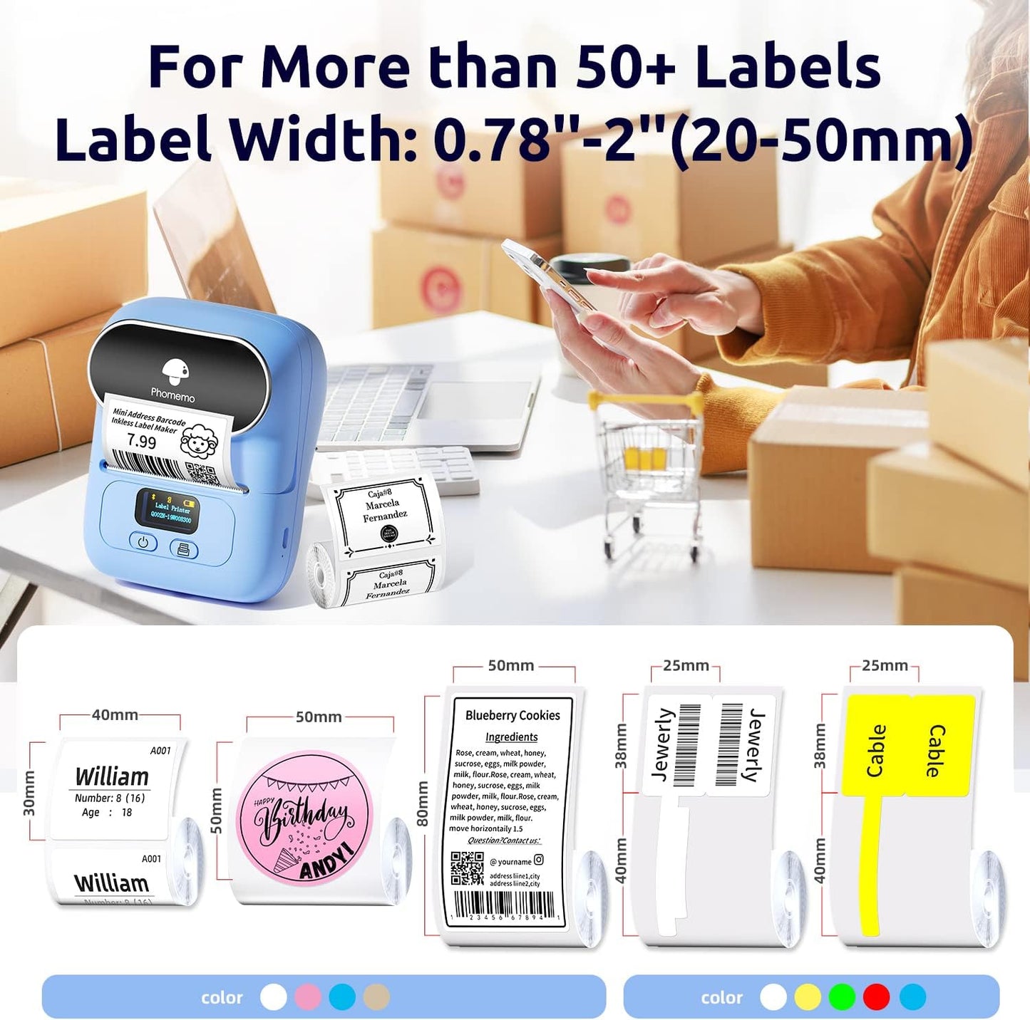 Phomemo Label Maker with 3 Labels- M110 Portable Bluetooth Label Maker Machine for Small Business, Barcode, Address, Logo, Clothing, Jerwery, Compatible with iOS & Android, Blue