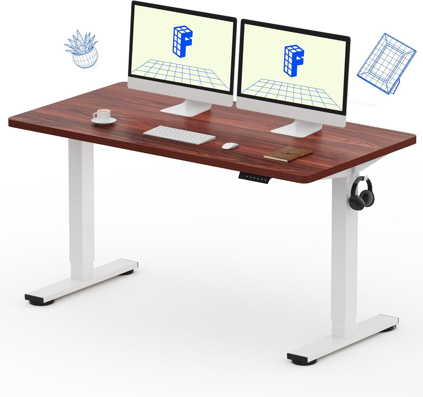 FLEXISPOT EN1 One-Piece Standing Desk, 55 x 28 Inches Electric Height Adjustable Desk for Home Office (White Frame + Mahogany Desktop, 2 Packages)