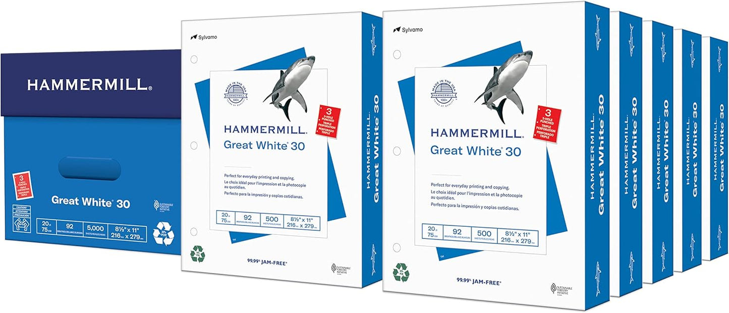Hammermill Printer Paper, Great White 30% Recycled Paper, 3 Hole - 10 Ream (5,000 Sheets) - 92 Bright, Made in the USA, 086702C