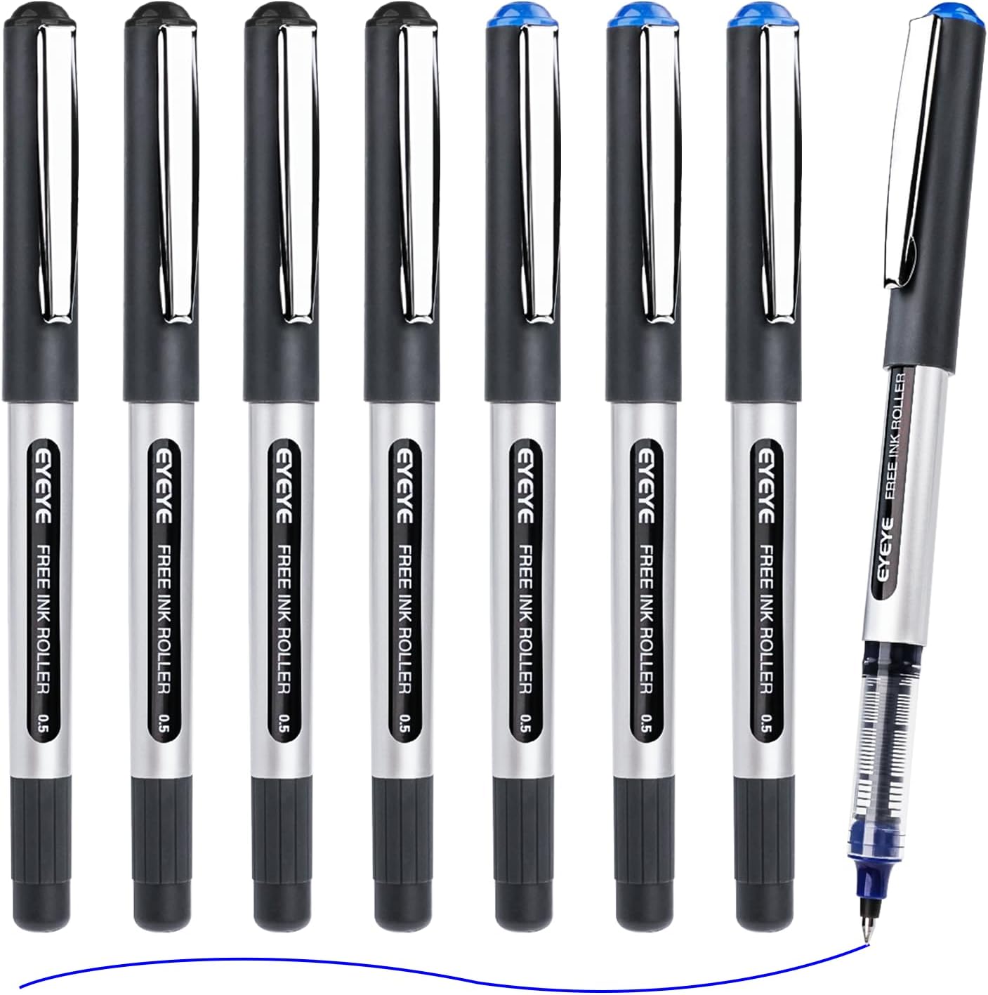 EYEYE Rollerball Pens 0.5mm, 4 Black 4 Blue Extra Fine Point Pen Quick Dry, Liquid Ink Pens Fine Point Smooth Writing Pen for Journaling, Note Taking, Office, School Supplies