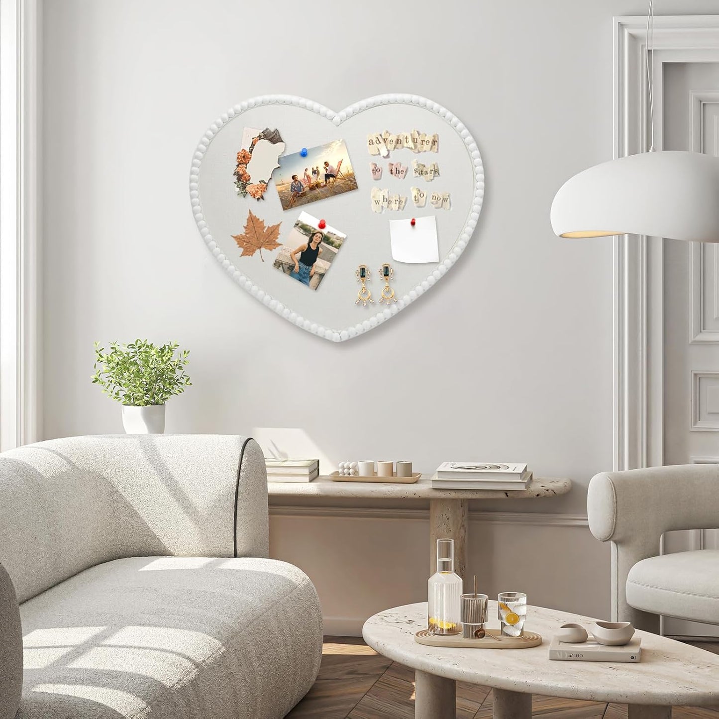 Large Heart Cork Bulletin Board with Linen, 24x19 Inch White Wood Frame Cute Picture Pin Board, Decorative Vision Board for Home Office, Study, Bedroom and Dormitory