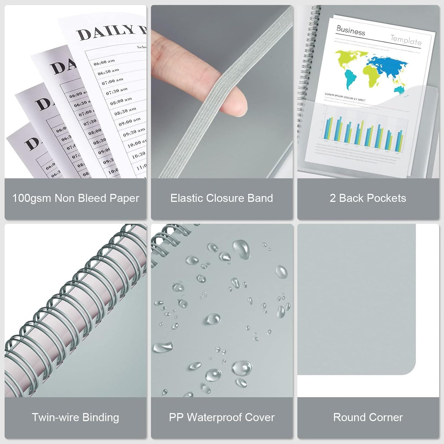 Planner Undated, Asten Daily Planner Agenda with to Do List, Hourly Schedules for Women and Men, Spiral Appointment Book with Elastic Closure, Inner Pocket 8.5" x 11" (Gray)