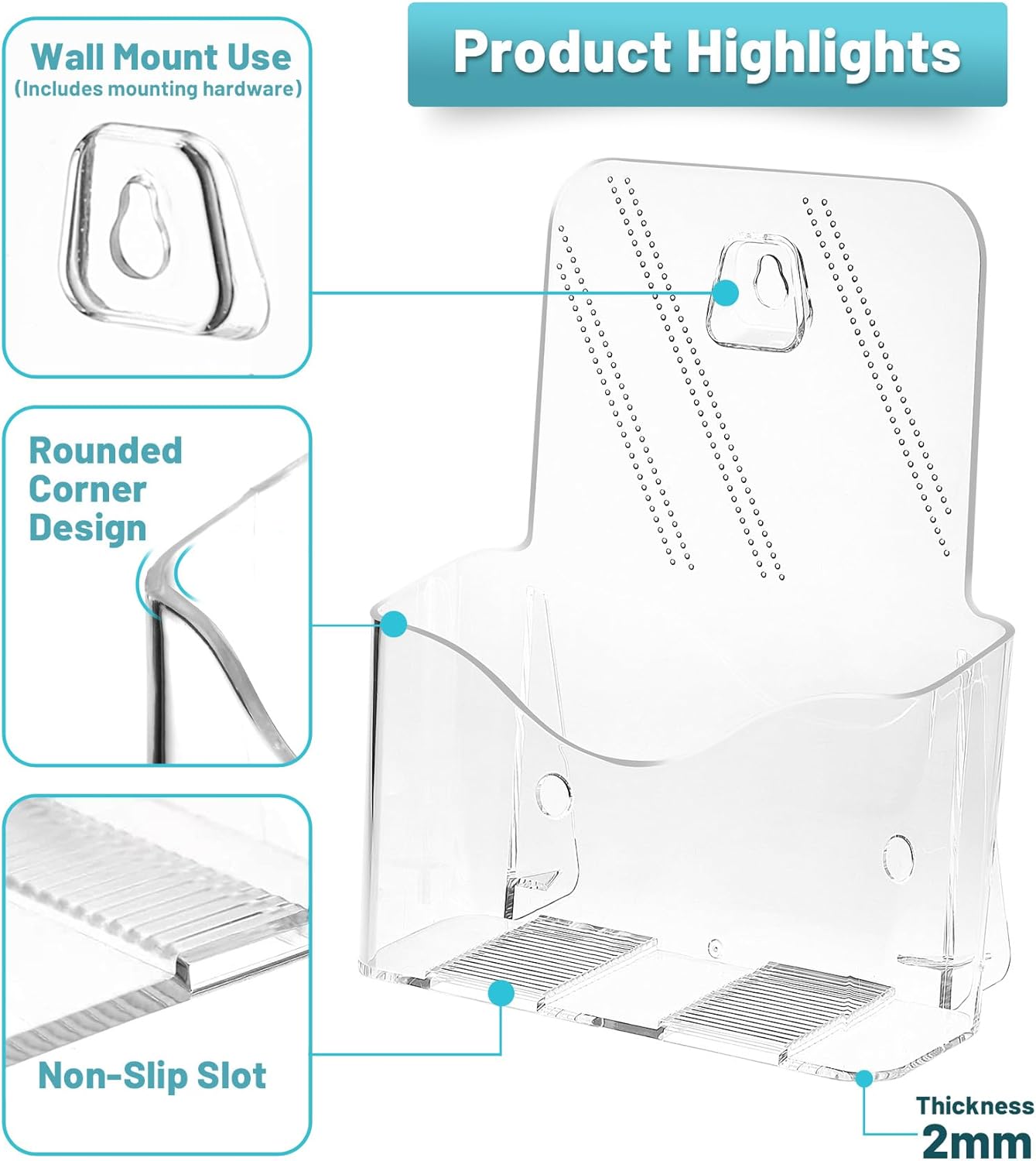 Acrylic Brochure Holder 8.5 x 5.5 Inches, 4-Pack Clear Plastic Display Stand for Half-Fold Flyers, Pamphlets, Menus, Trifold Literature, Wall Mount or Countertop Use