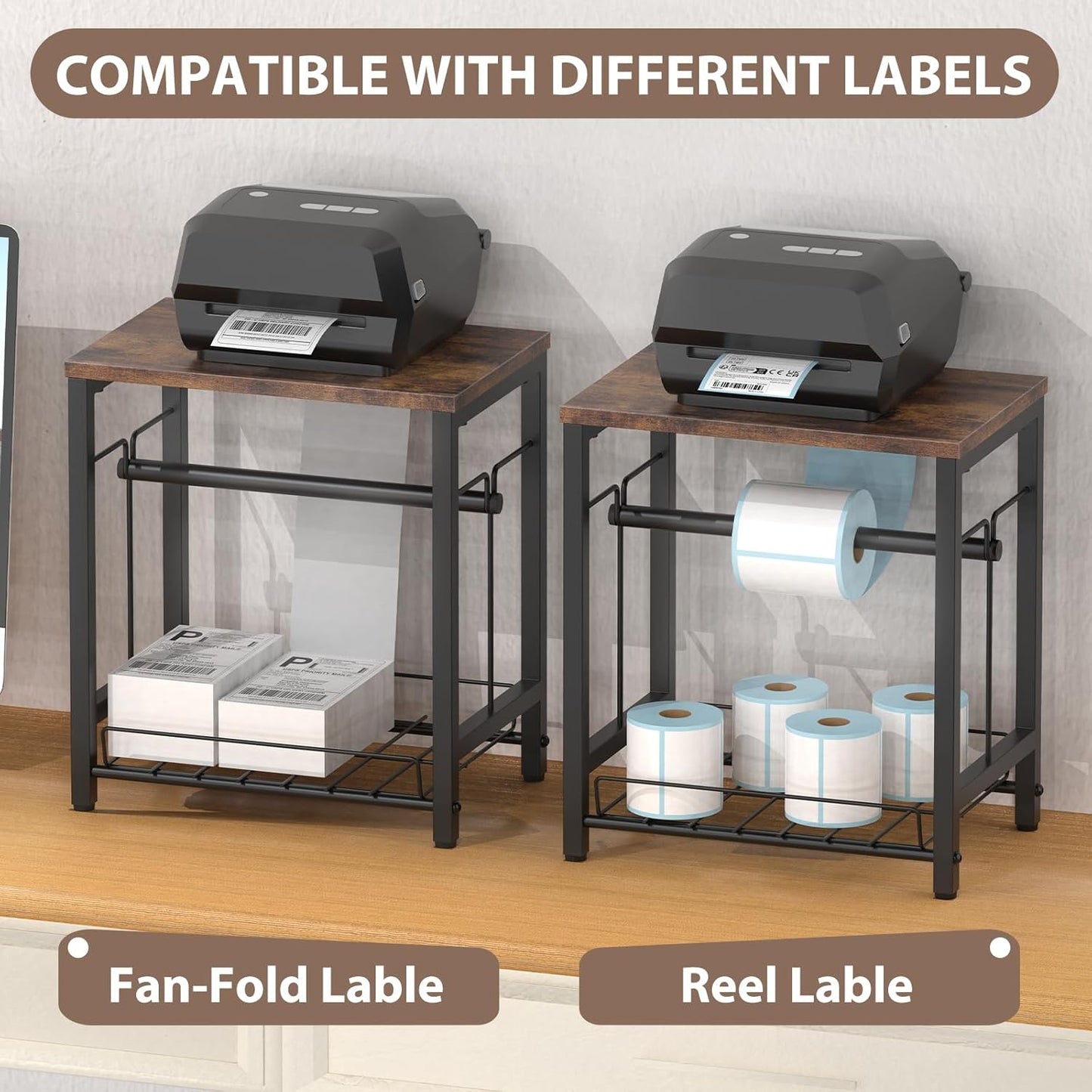 NANANARDOSO Label Holder for Thermal Printer with Basket,Wooden Label Holder for Shipping Label Printer,Sticker Roll Holder for Home, Office Small Business,Brown