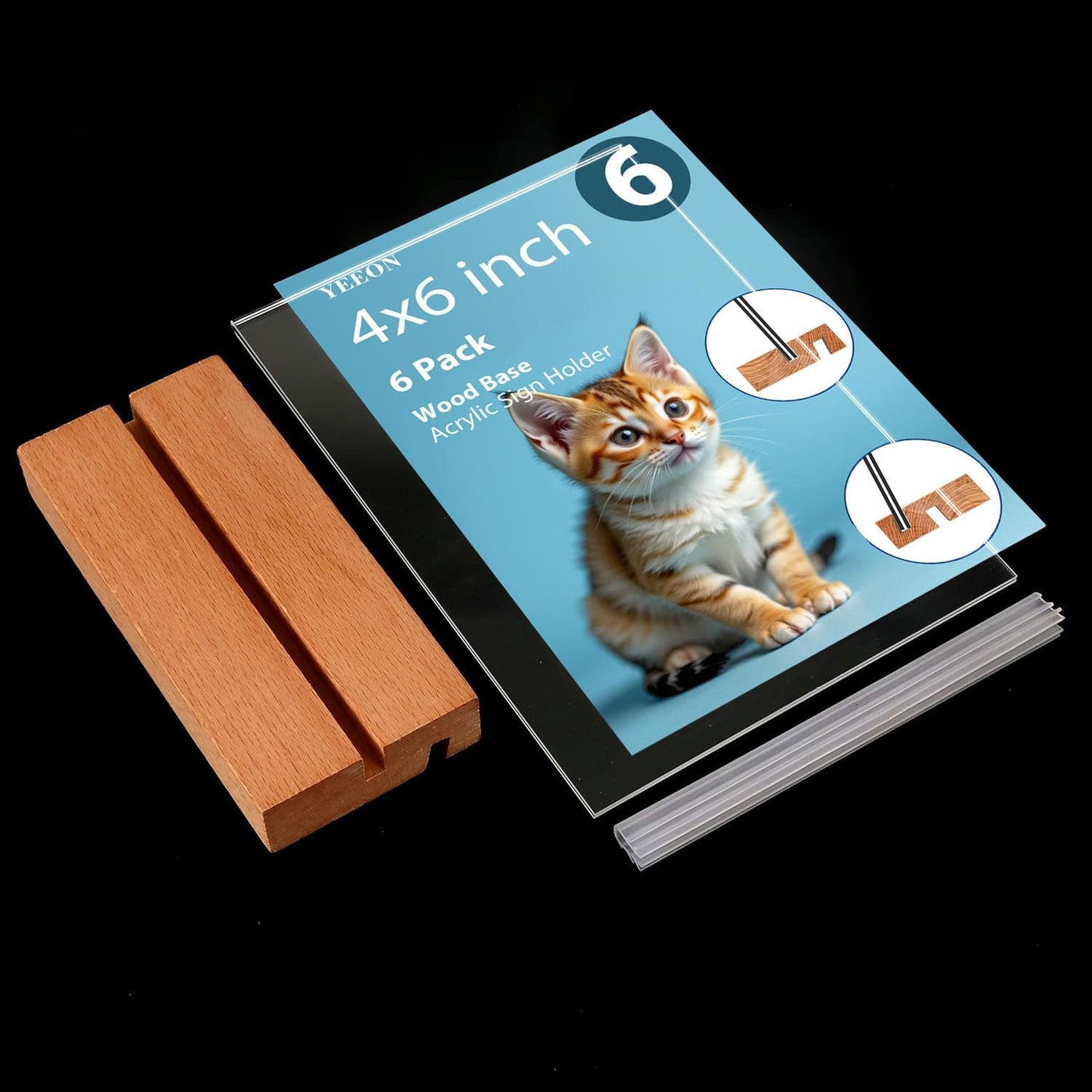 Acrylic Sign Holder with Wooden Base, Desktop Display Stand (4x6 6Pack)