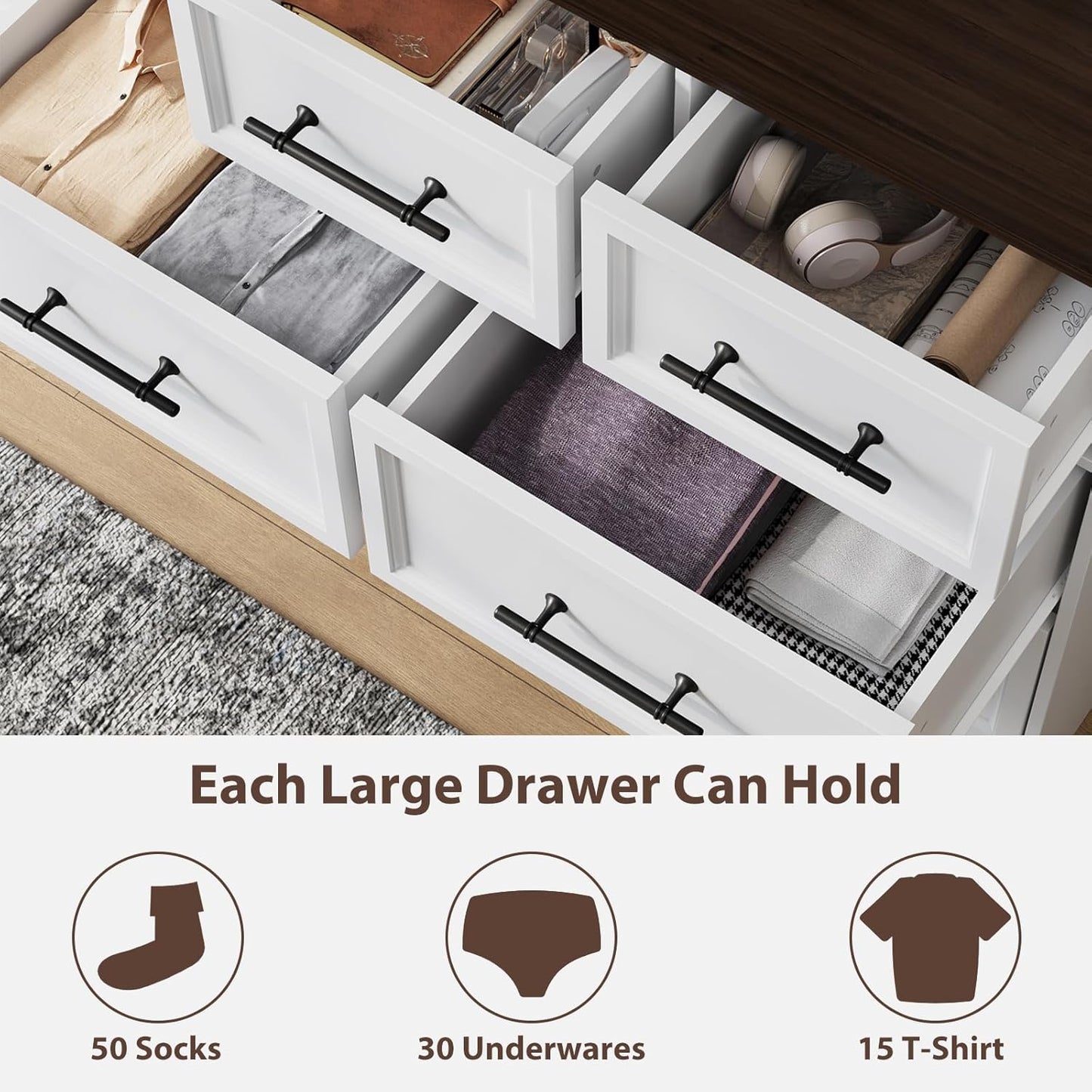 White Dresser for Bedroom, Farmhouse 10 Chest of Drawers, 59" Wide Chest of Drawers with Brushed Metal Handle, Wood Closet Organizers and Storage Cabinet for Bedroom, Living Room, Hallway