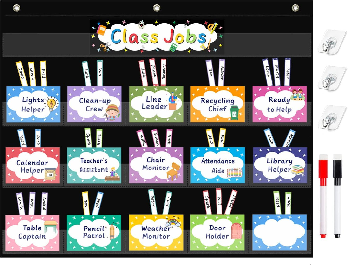 REGELETO Class Jobs Pocket Chart with 70 Colorful Dry Erase Cards and 3 Hooks,Class Management Educational Pocket Chart Teacher's Helper Size: 24.5”x21.8”inch Bulletin Board for Classroom (Black)