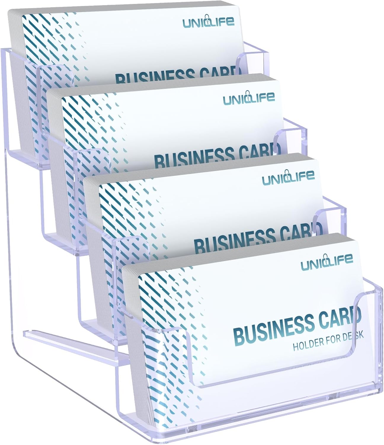 Uniclife Acrylic Business Card Holder for Desk 4 Slots Clear Business Card Display Stand for Men & Women Desktop Business Card Organizer Card Stand for Office Home Exhibition, 240 Card Capacity