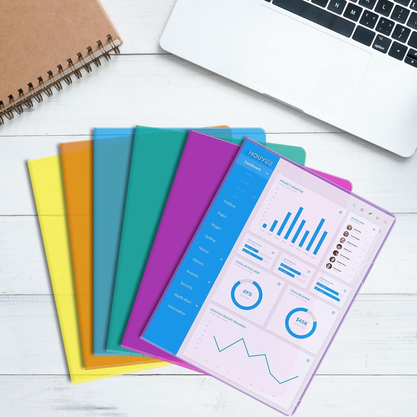 HOUYEE 30 Pack Clear Document Folder, Plastic Paper Sleeve Fit for Letter Size Paper, for Home, Office, and School Use(6 Assorted Colors)