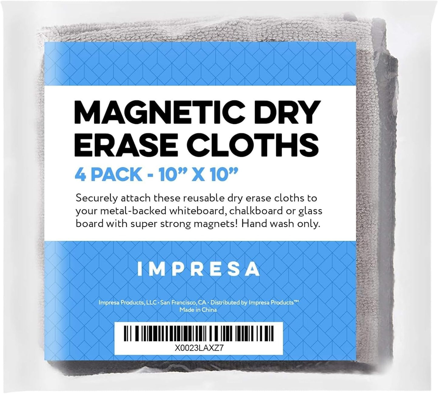 Impresa Magnetic Microfiber Dry Erase Cloth Erasers - 10 in x 10 in, 4-Pack, White, Reusable & Washable - Strong Magnet Grip for Whiteboards & More - Teacher Supplies & Classroom Must Haves