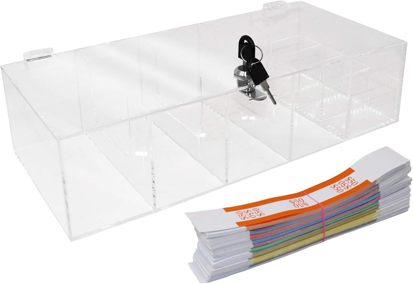 Clear Locking Currency Tray, 5 Compartment Cash Organizer Money Storage Box with Lockable Cover and Coin Tray Insert, 300 Currency Wrappers Included