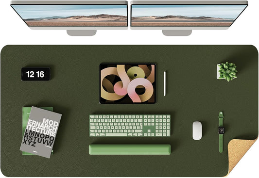 YSAGi Double-Sided Desk Pad, Leather Desk Mat, Eco Cork Desk Pad Protector, Large Mouse Pad for Desk, Waterproof Desk Blotter Pad, Desk Writing Pad(Dark Green, 47.2" x 23.6")