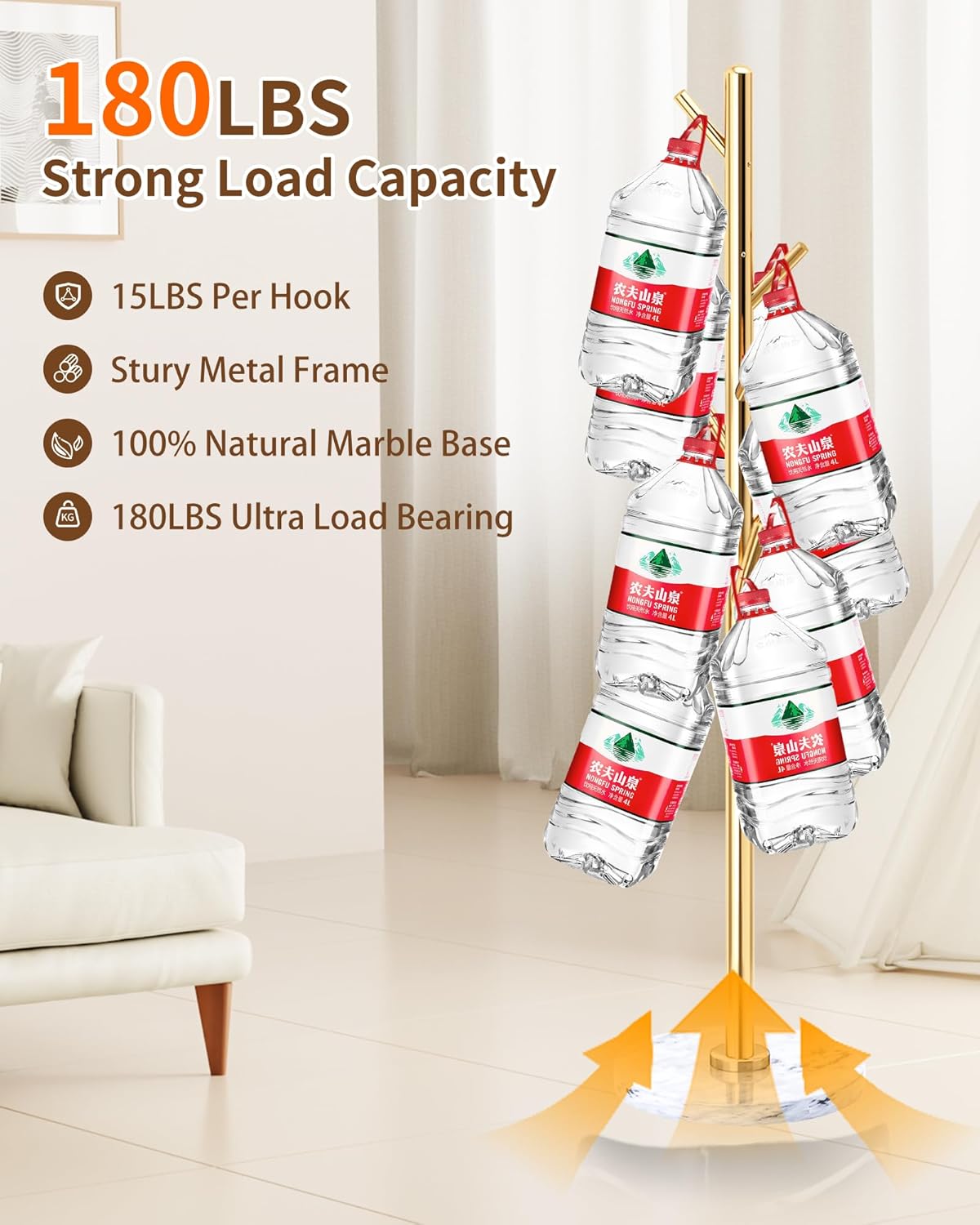 EZIVIEZ Modern Coat Rack Stand, Metal Freestanding Coat Rack with Natural Marble Base, Golden Coat Racks with 8 Hooks and Coat Hanger Tree Jacket Stand for Office, Entryway, Hallway