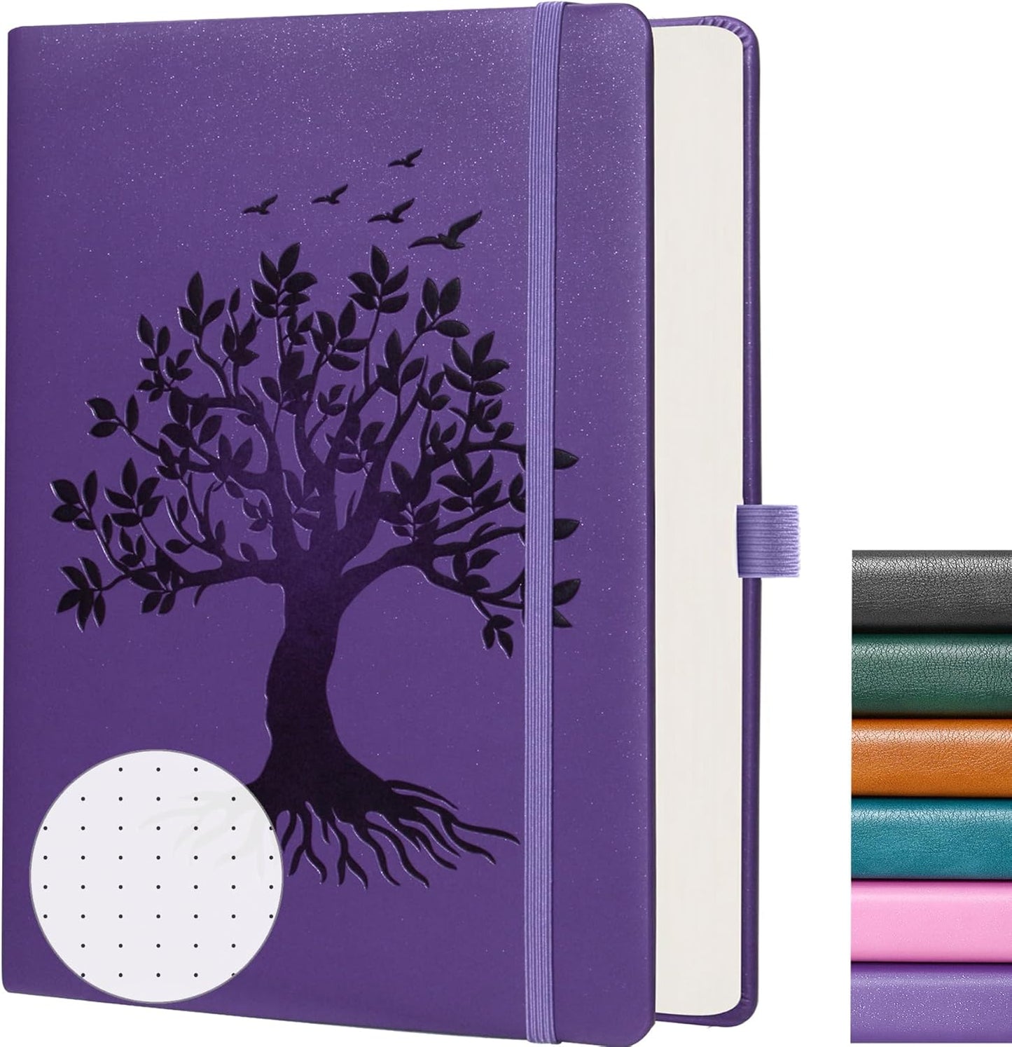 ZXHQ A5 Bullet Dotted Journal Notebook - 150gsm Thick Paper, 256 Pages, Dot Grid Hardcover, Tree of Life Design, Fine Inner Pocket - 5.9" × 8.5" Purple