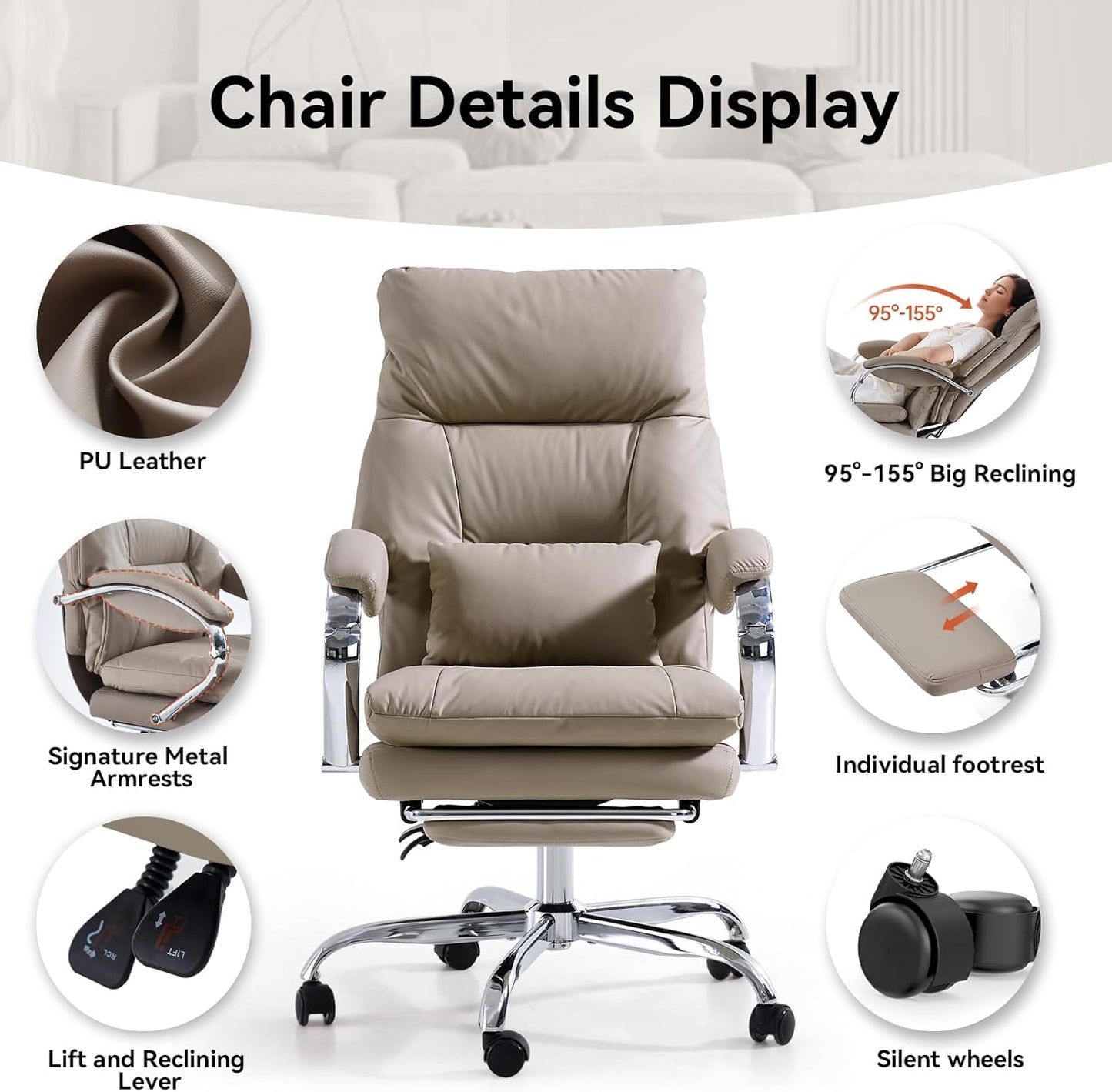 LEAGOO Reclining Office Chair with Foot Rest, Executive Office Chairs with Arms, Ergonomic High Back PU Leather Comfy Swivel Computer Desk Chairs with Wheels and Lumbar Support for Home Office, Khaki