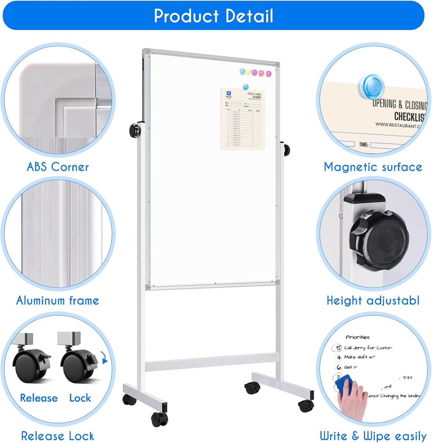 maxtek Rolling White Board, 44 x 28 Height Adjustable Whiteboard on Wheels, Large Magnetic Standing Mobile Easel Board, Double-Sided with Stand for Office, Home, and Classroom