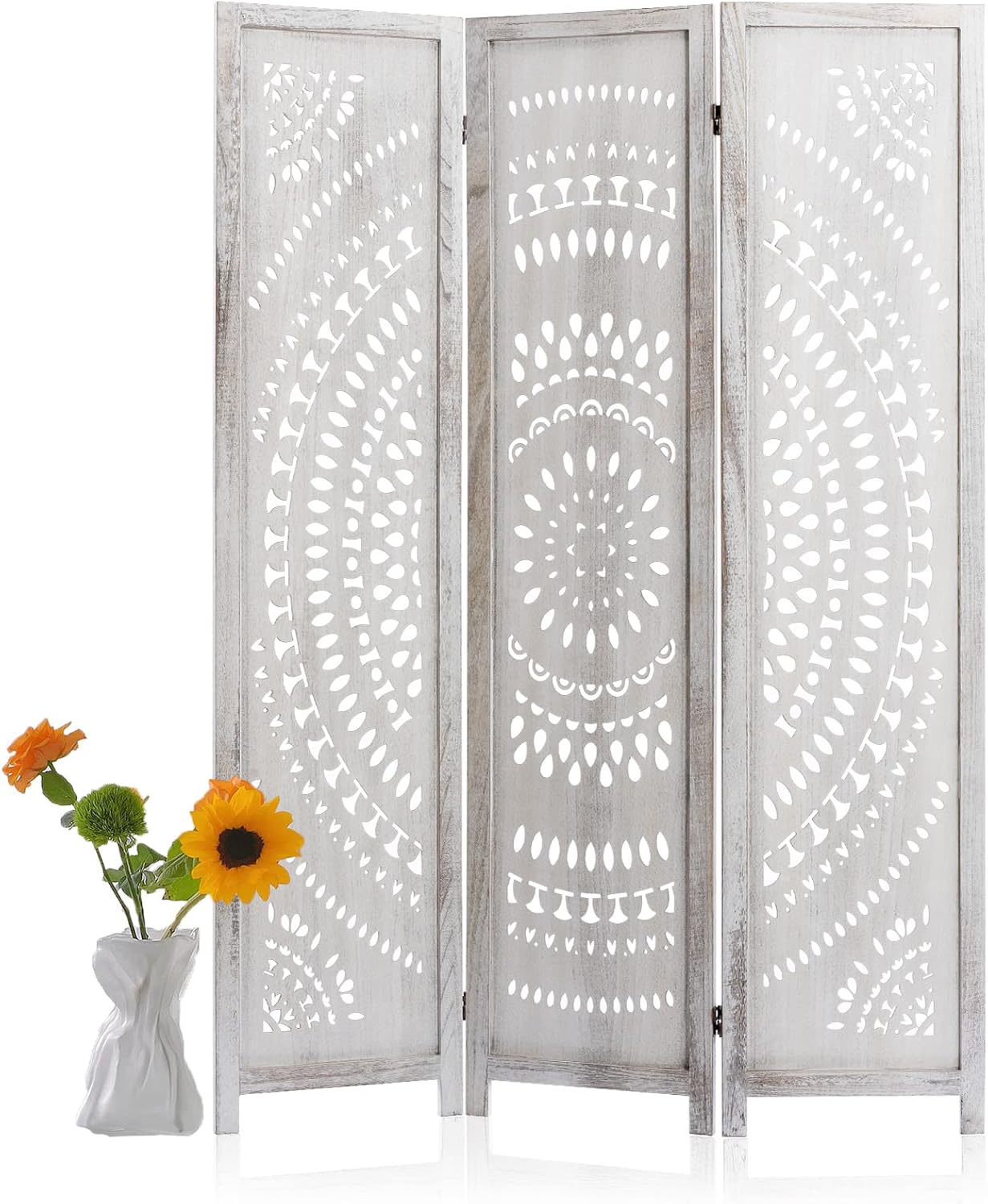 3 Panel Handcrafted Carved Room Divider Screen, 360° Adjustable Wood Folding Privacy Screens for Room Separation, 66.9 Inch Partition Room Dividers for Home Bedroom Office, White