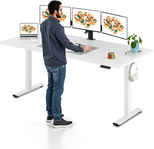 SANODESK Electric Standing Desk 79 x 32 Inches Height Adjustable Stand Up w/6-Button Controller Ergonomic Computer Desk with Splice Board for Home Office, White Frame + White Tabletop