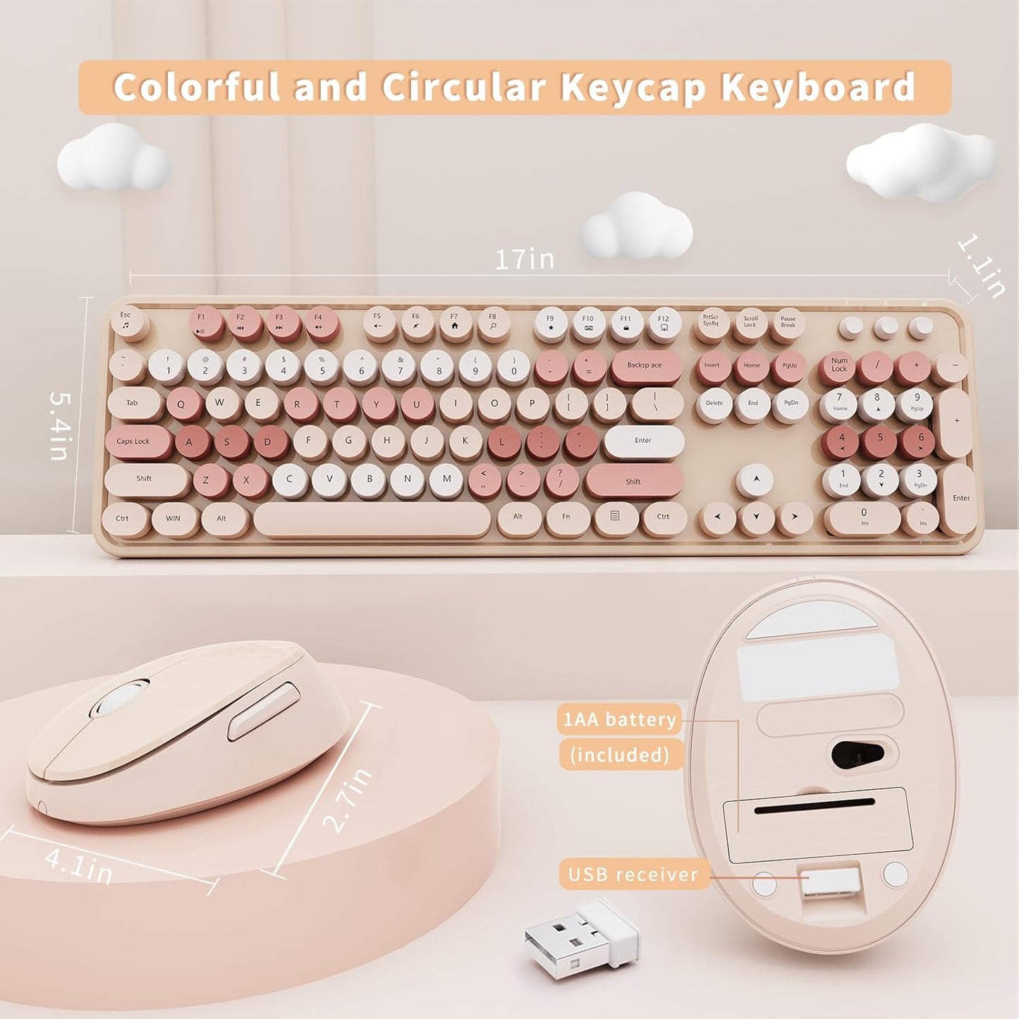 Wireless Keyboard and Mouse Combo, Ergonomic Full Size Typewriter Retro Round Keycaps Keyboard, Compatible with Windows, PC, Perfer for Home and Office Keyboards (Chocolate Color)