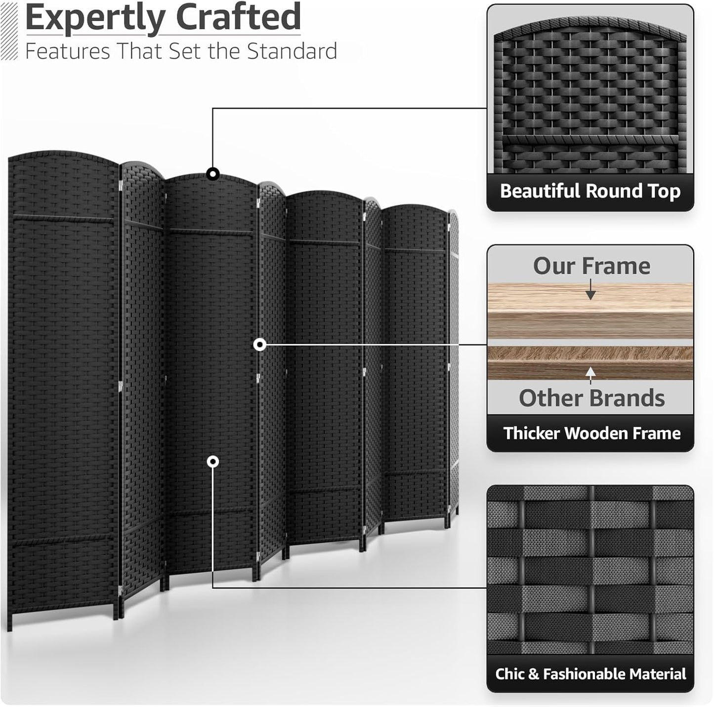 Sorbus 8-Panel Black Room Divider with Double Hinged Panels, 6 ft Tall Folding Privacy Screen