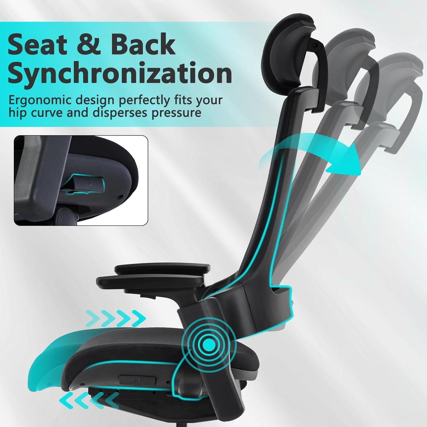 CLATINA Ergonomic High Swivel Executive Chair with Adjustable Height Head 3D Arm Rest Lumbar Support and Upholstered Back for Home Office Studio, Black Fabric, 2 Pack