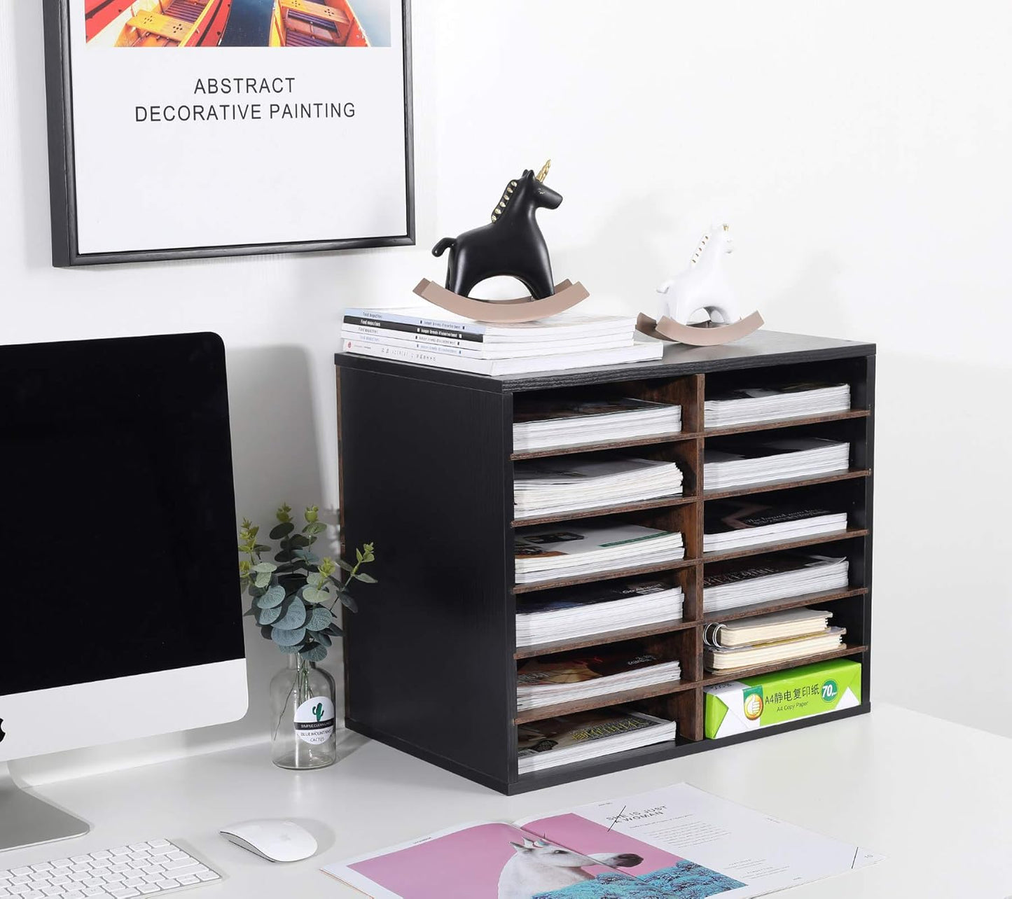 TQVAI Wood Adjustable Literature Organizer Desktop File Sorter Mail Center Paper Storage Cabinet Home & Office Mailbox School Classroom Keepers, 12 Slots Compartments, Black/Archaize