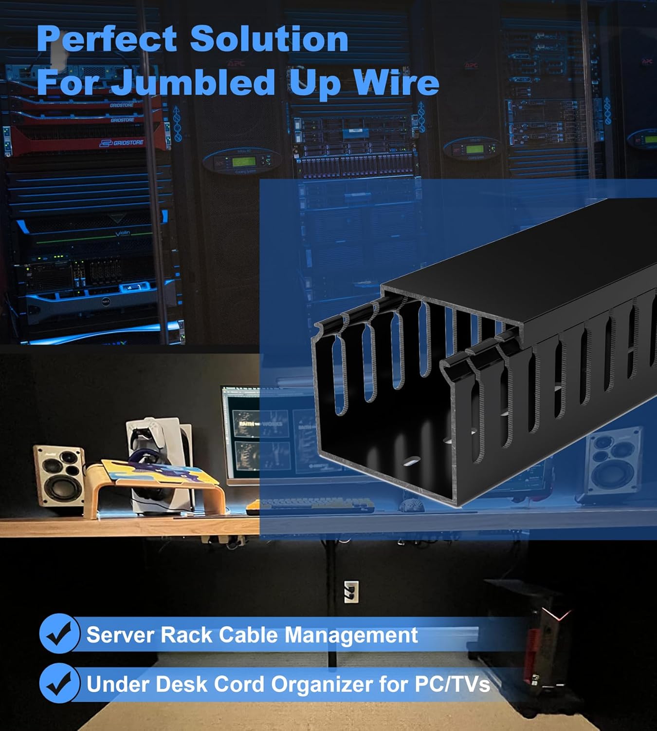 ZhiYo H2in x W2.4in Professional Server Rack Cable Management Raceway, 95in (4X L23.6in) Cable Raceway Kit, Electrically Safe PVC, Open Slot Wire Hider for Under Desk/Computer/Network Cords