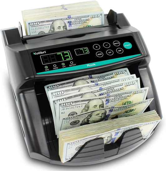 KOLIBRI Money Counter Machine, Rook with UV/MG/IR Counterfeit Detection – Count, Add & Batch Modes, 1,400 Notes per Minute - US Dollar Cash Counter with Dual LED Display (1-Year USA Warranty)