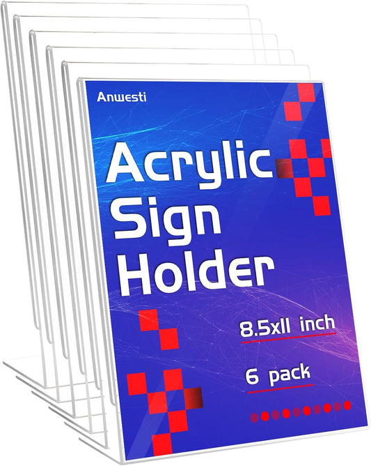 Acrylic Sign Holder 8.5" x 11" - 6 Pack Clear L-Shaped Tabletop Menu Frame for Restaurants, Photos, Posters | Slanted Back Design | Durable Promotional Display Stand