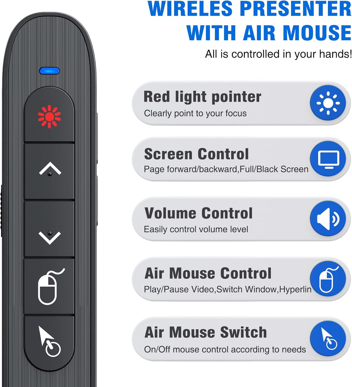 DINOSTRIKE Wireless Presenter Remote with Air Mouse Control, Rechargeable USB Presentation Clicker PPT Pointer RF 2.4GZ PowerPoint Clicker Slide Advancer for Computer Laptop Mac