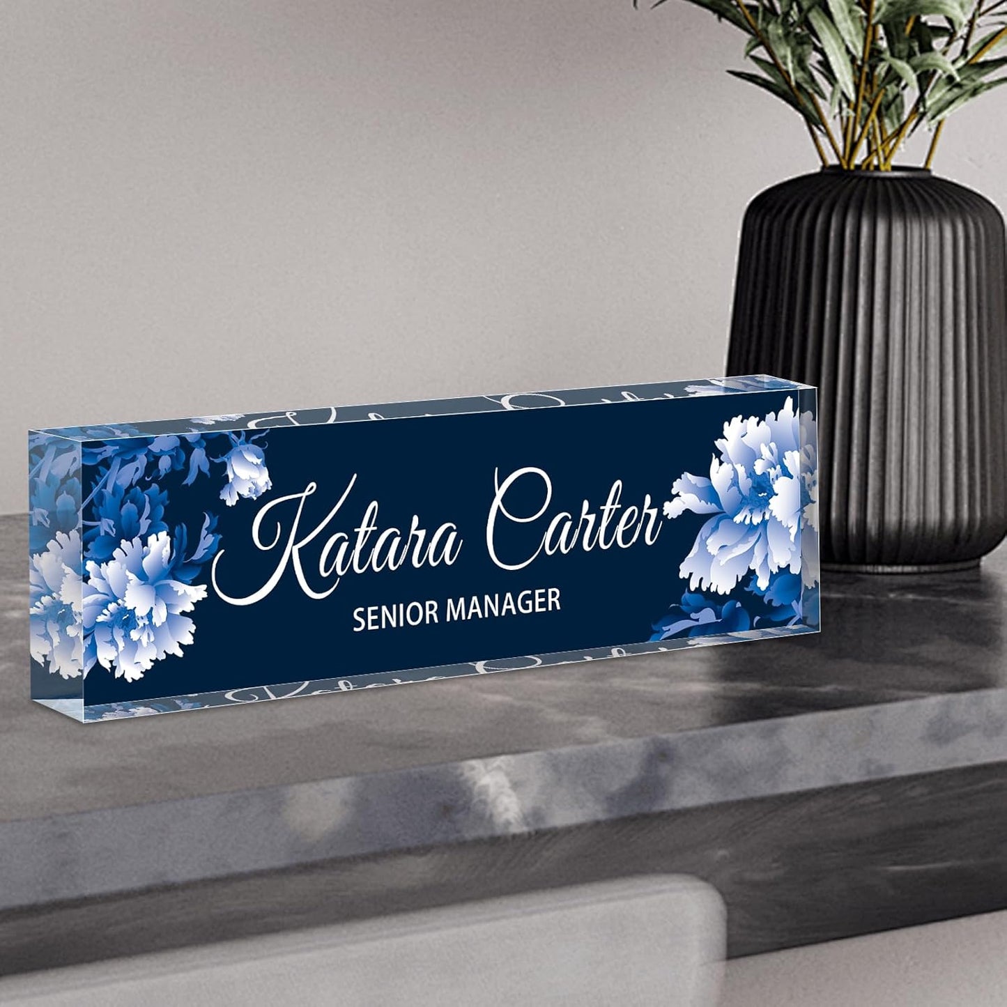 Name Plate for Desk Personalized, Acrylic Desk Decorations, Employee Appreciation Gifts, Custom Office Gifts for Coworkers, Boss, Teacher, Nurse (White Flowers 02)
